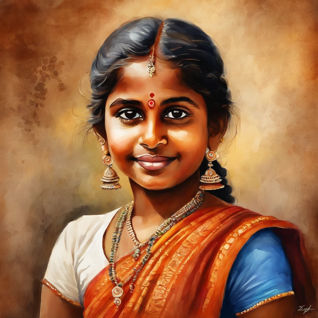 South Indian girl, beautiful girl, cute face, age 16, Thanjavur temple background, background parede velha