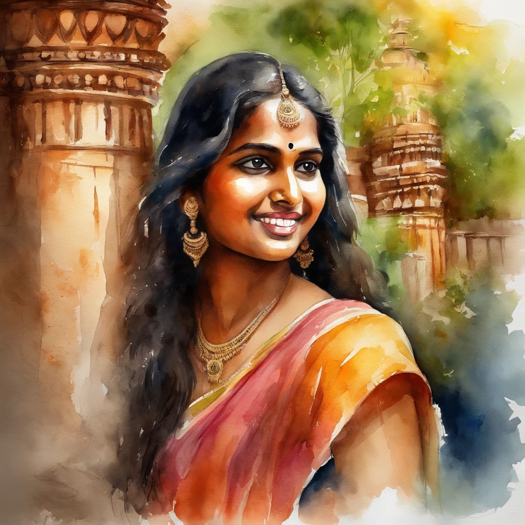 South Indian girl, beautiful girl, cute face, age 16, Thanjavur temple background, background parede velha