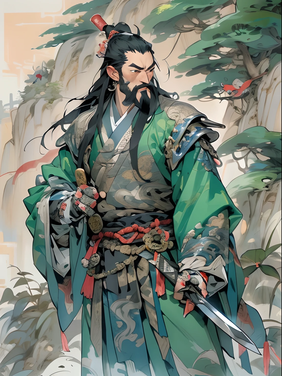 (((China-style,Ink painting method,Half-length portrait,Intense color,Han dynasty, China,Hanfu,Armor,Guan yu,Guan Yunchang,of a guy,Ruddy killing square face,Hold the Blue Dragon Moon Knife in his right hand,Stroke your beard with your left hand,Long hair,petty eyes,Green robe))), (((best qualityer))), (((tmasterpiece))), (((AS-Adult))), ((( Japanese ))), Look up from your knees, Handsome Asian samurai,perfect body figure, Modern samurai, ((( Asian))), Wear gloves on your hands,The left arm is made of steel and metal tips,Made of protective devices, The eyes are pulled, (( Appears below the chest )), (( Small dental floss )), Simon Bisley, Almost naked(Simon Bisley)Castle City Wilderness,For high-resolution posters, hair straight, Minimum clothing, armure (Crazy clothes ), Full of tips and rivets, tribal tattoos, (((full bodyesbian))), Straight brunette hair,Colored hair ends