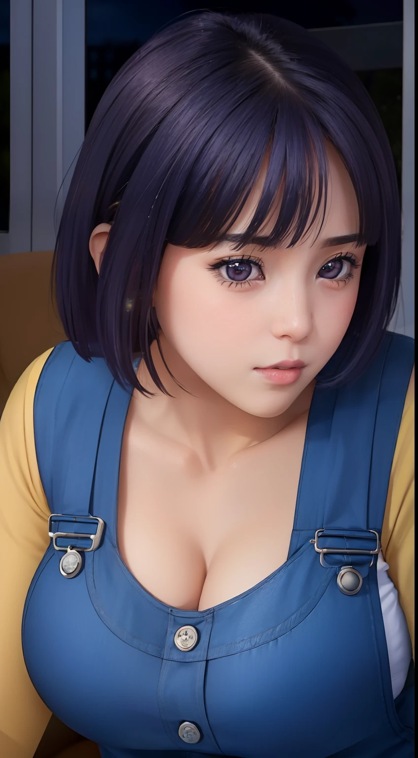 (Night:1.7), Cyberpunk_CityView, Before Window,
sitting at attention,sitting on couch,suspenders,overalls, 
collarbone,blue dress with a yellow top and blue skirt,long sleeves, 
 blue_hair,short_hair,purple_eyes,hair_ornament, hairclip, 
1 girl, 20yo,mature female,Beautiful Finger,Beautiful long legs,Beautiful body,Beautiful Nose,Beautiful character design, perfect eyes, perfect face,
looking at viewer, (innocent_big_eyes:1.0),(expressionless:1.3),
NSFW,official art,extremely detailed CG unity 8k wallpaper, perfect lighting,Colorful, Bright_Front_face_Lighting,
(masterpiece:1.0),(best_quality:1.0), ultra high res,4K,ultra-detailed,
photography, 8K, HDR, highres, absurdres:1.2, Kodak portra 400, film grain, blurry background, bokeh:1.2, lens flare, (vibrant_color:1.2)
(Beautiful,large_Breasts:1.4), (beautiful_face:1.5),(narrow_waist),huge breast