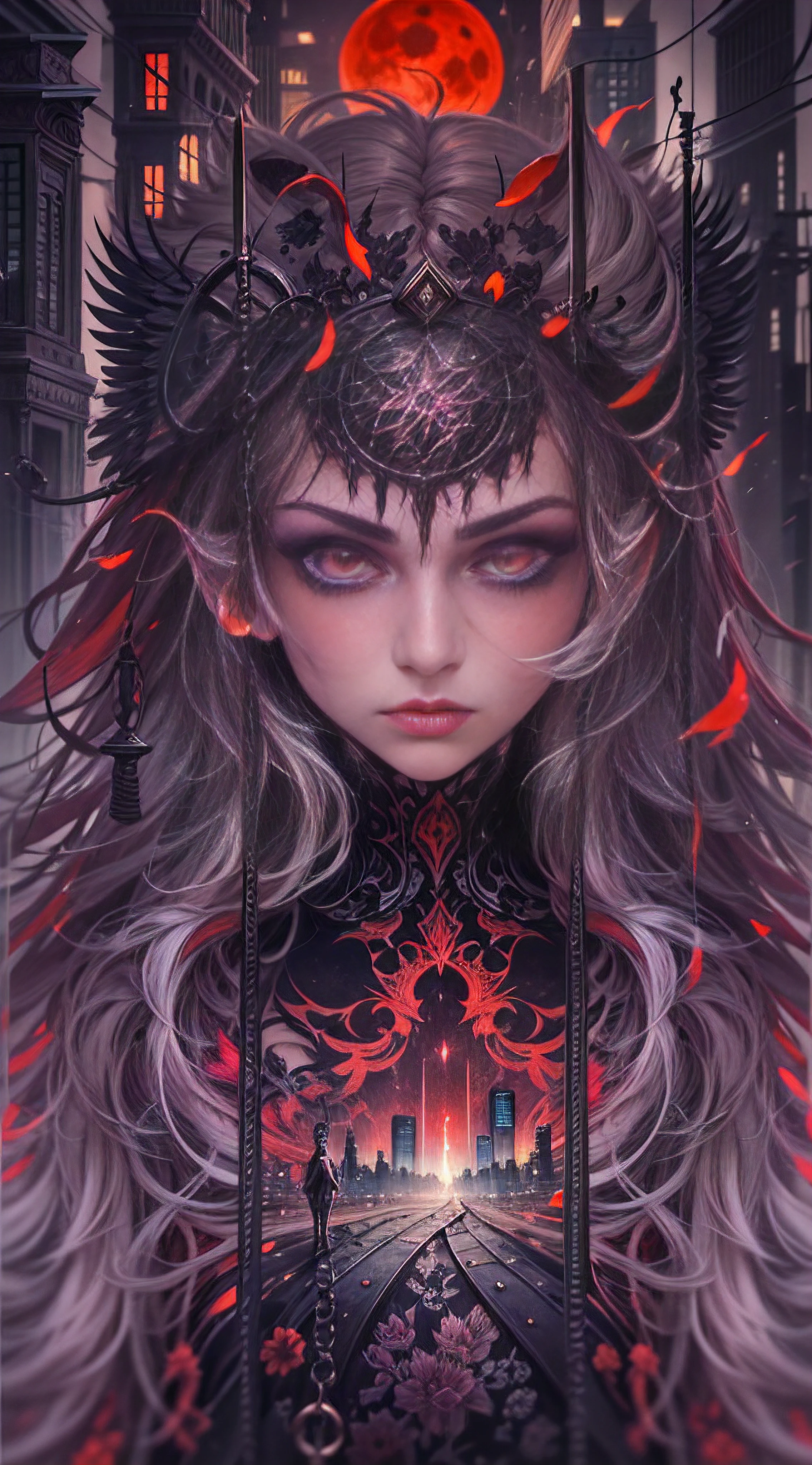 gothic fantasy, close-up portrait, gloomy city street, courage of destiny, wandering lights, wind, lightning, moonlight, ominous red moon, surreal, symmetrical, intricate details, high detail, alcohol ink, Mysterious