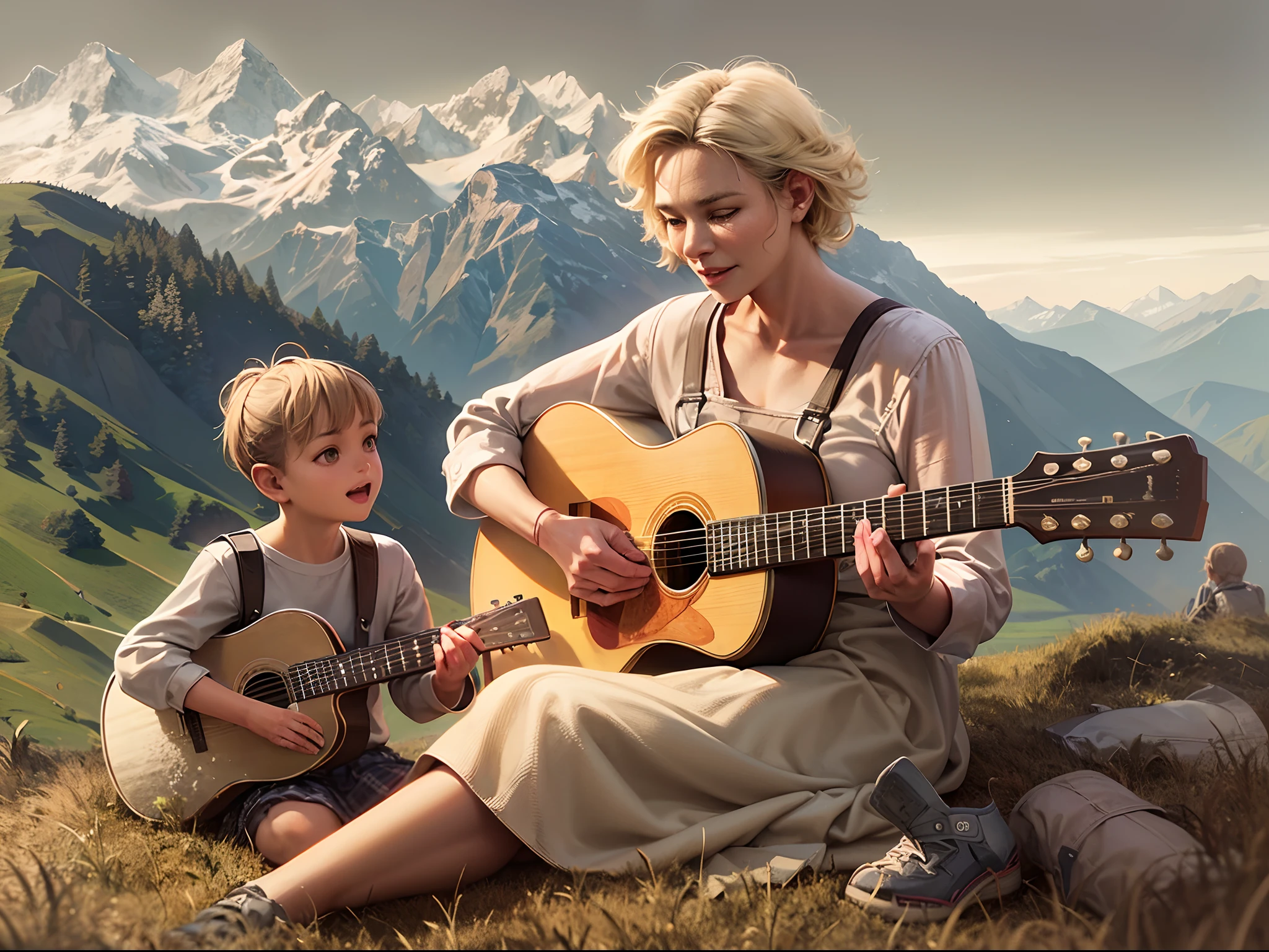 1woman and children, On a green hill overlooking the Alps, a woman playing acoustic guitar. short blonde hair, Children feel at home listening to her performance. White long-sleeved in-brown flannel fabric overalls long skirt, hi resolution, (Best Quality:1.2), Realistic, The overall image quality is of the highest caliber, with ultra-detailed and realistic rendering.