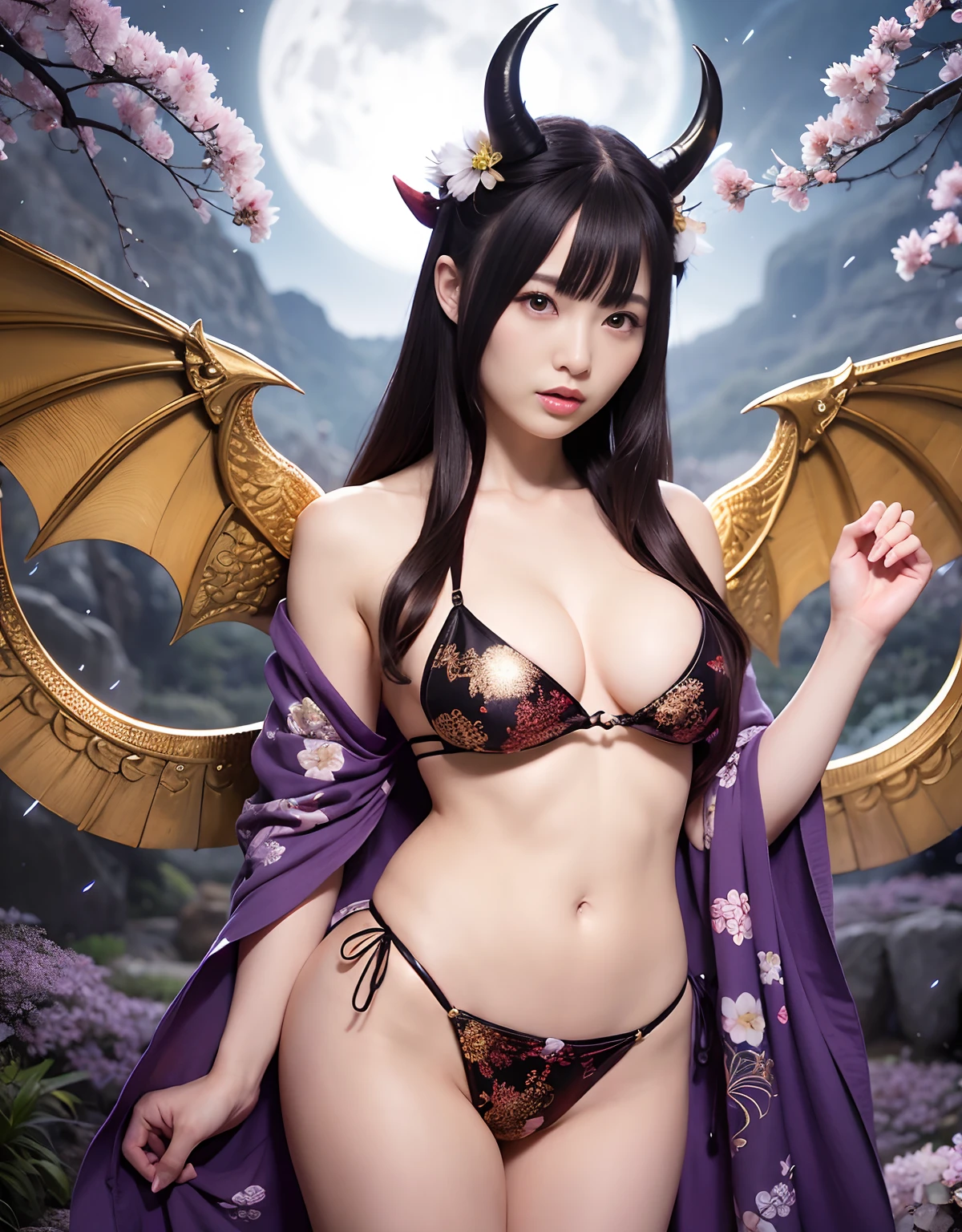 ((World of Darkness)),Professional , ​masterpiece、top-quality、photos realistic , depth of fields 、（sexypose）、(Background of cherry blossoms in full bloom),（Ultimate Beauty）、A dark-haired、（White bikini armor)、（Kimono with beautiful pattern）、（Night background）、（（Wearing a skeleton helmet））,(Wear a beautiful kimono),（Wear a beautiful kimono with colorful floral patterns）、Jewel Gold Weapon、Particles of light),（Has a devil's mask）、Gorgeous gold weapons ,Skeleton population、（（ Gorgeous Dragon Sword）） , （a dark night）,,（maikurobikini） 、（（Black Haired Beautiful Girl））、（Castle background）、（demonic wings）、（（Gangle's forest background））、Beautiful Caucasian beauty、１a person、dynamic ungle,(((Two devil's horns on the head)))、Smaller head、Idle Smile、Thin and beautiful female hands、Mystical expression、Light Effects、intense fighting、Wind-effect、magic circles、With the legendary magic wand、Dragon's tail、