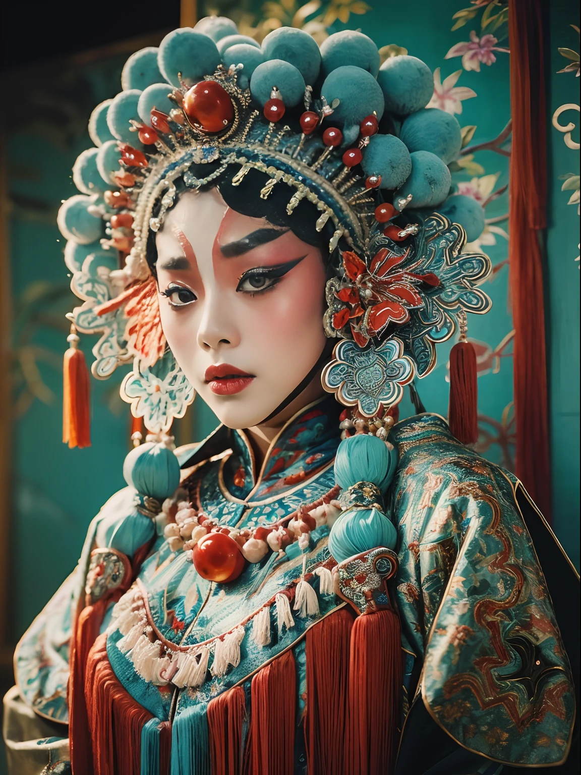 8K，Portrait Photogram，Shocking，movie picture quality，。CNOperaCrown， From the front， looking at viewert， Beautiful makeup，Exquisite headdress， （（（CNOperaFlag）））， Gorgeous costumes， nipple tassels。Chinese red，cloisonne