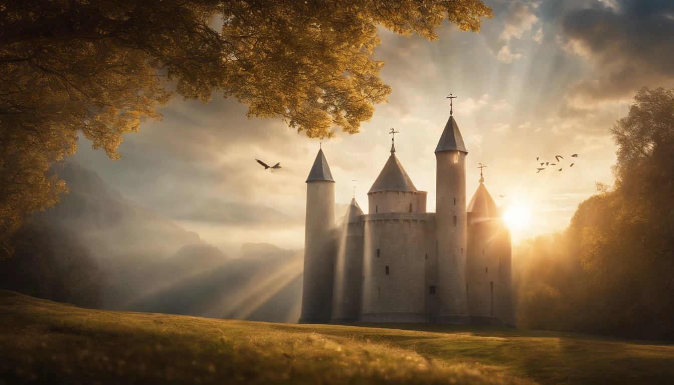 Castle, Sun Rays, Birds, Heaven, Angels, Wallpaper, Masterpiece, Realistic, Colorful, Gorgeous, 8K, Ultra Realistic, Precise.
