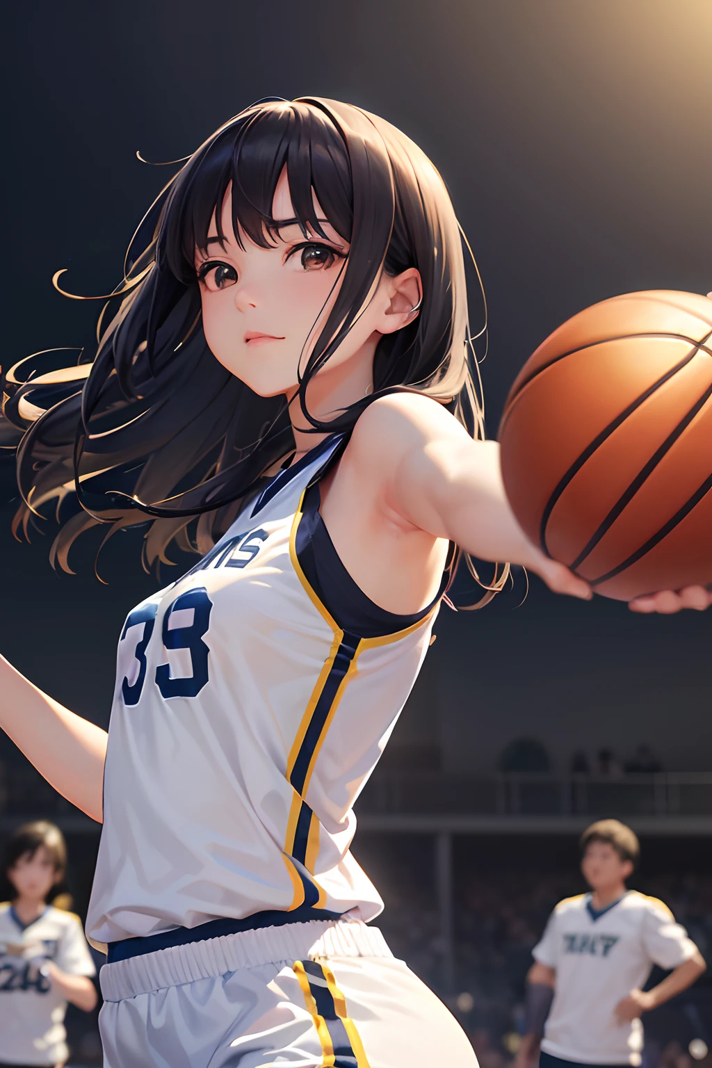 (8K、top-quality、​masterpiece:1.2)、(realisitic、Photorealsitic:1.37)、ultra-detailliert、top-quality、超A high resolution、Professonal lighting、photon maping、Radio City、physically-based renderingt、Cinematographic lighting、basketball court、depth of fields、foco nítido、Sun'rays、good compositions、1girl in、独奏、(full bodyesbian)、(Mouth closed)、beatiful detailed eyes、the pose、narrow waists、Basketball Uniforms、A dark-haired、hair messy、long hair floating in the wind
