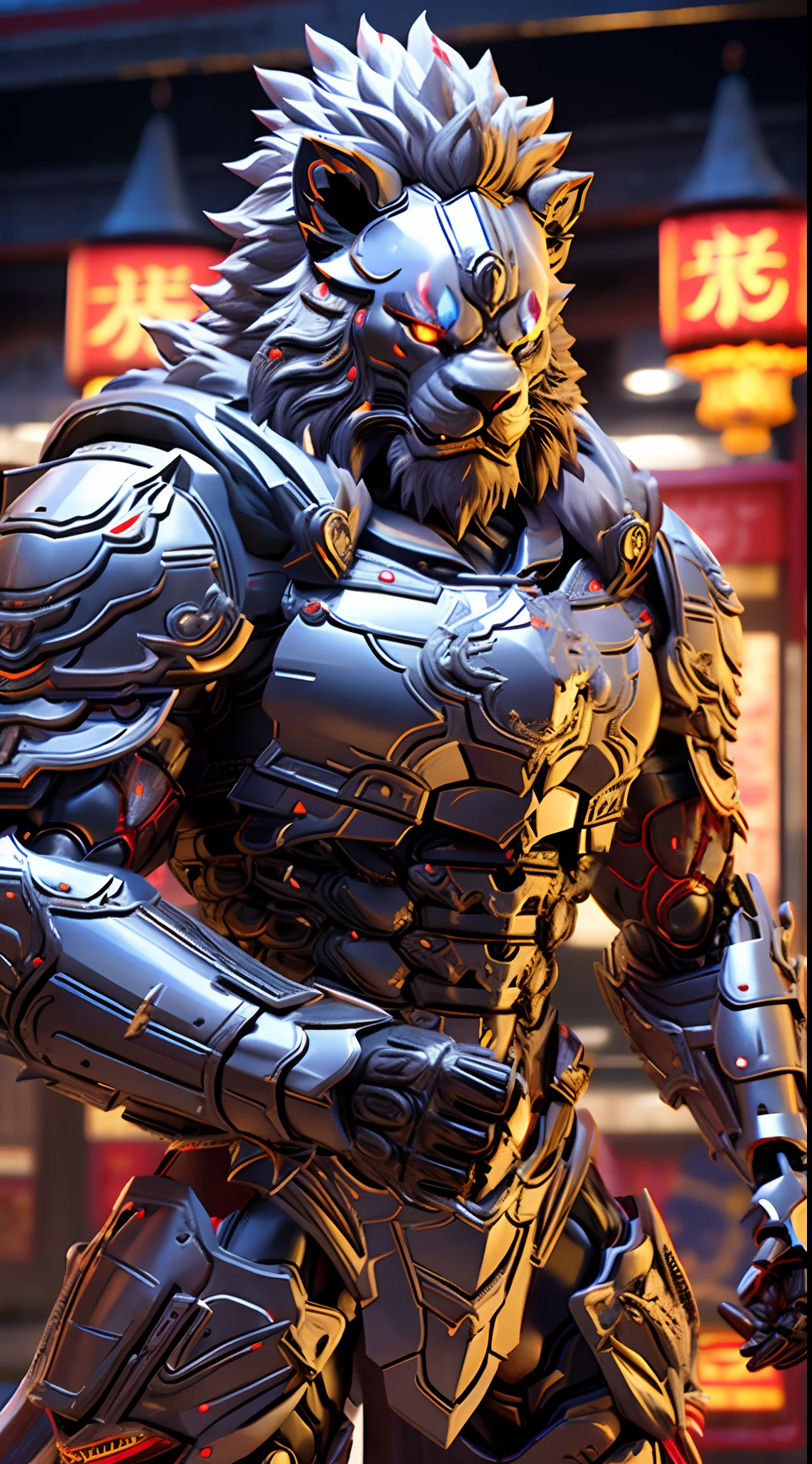 CHINESE LION, LION HEAD, HEAVY CRYSTAL ARMOR, TRANSPARANT, BLACK CLOAK, MUSCLE BODY.