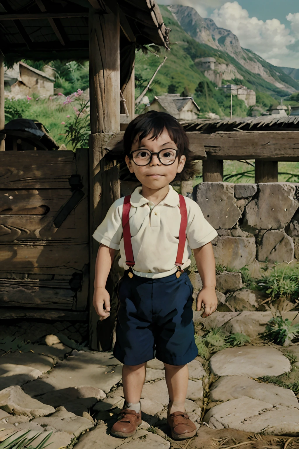 "Create a Studio Ghibli-inspired illustration of a joyful 3-year-old boy wearing glasses and a straw hat, dressed as a farmer, tending to the land. The background should be beautifully blurred to enhance the focus on the young farmer. Depict a heartwarming countryside scene with a distant corral and picturesque mountains. Use soft and inviting colors to capture the magic of the moment. Artists related to this style: Hayao Miyazaki, Isao Takahata, and Yoshifumi Kondō."