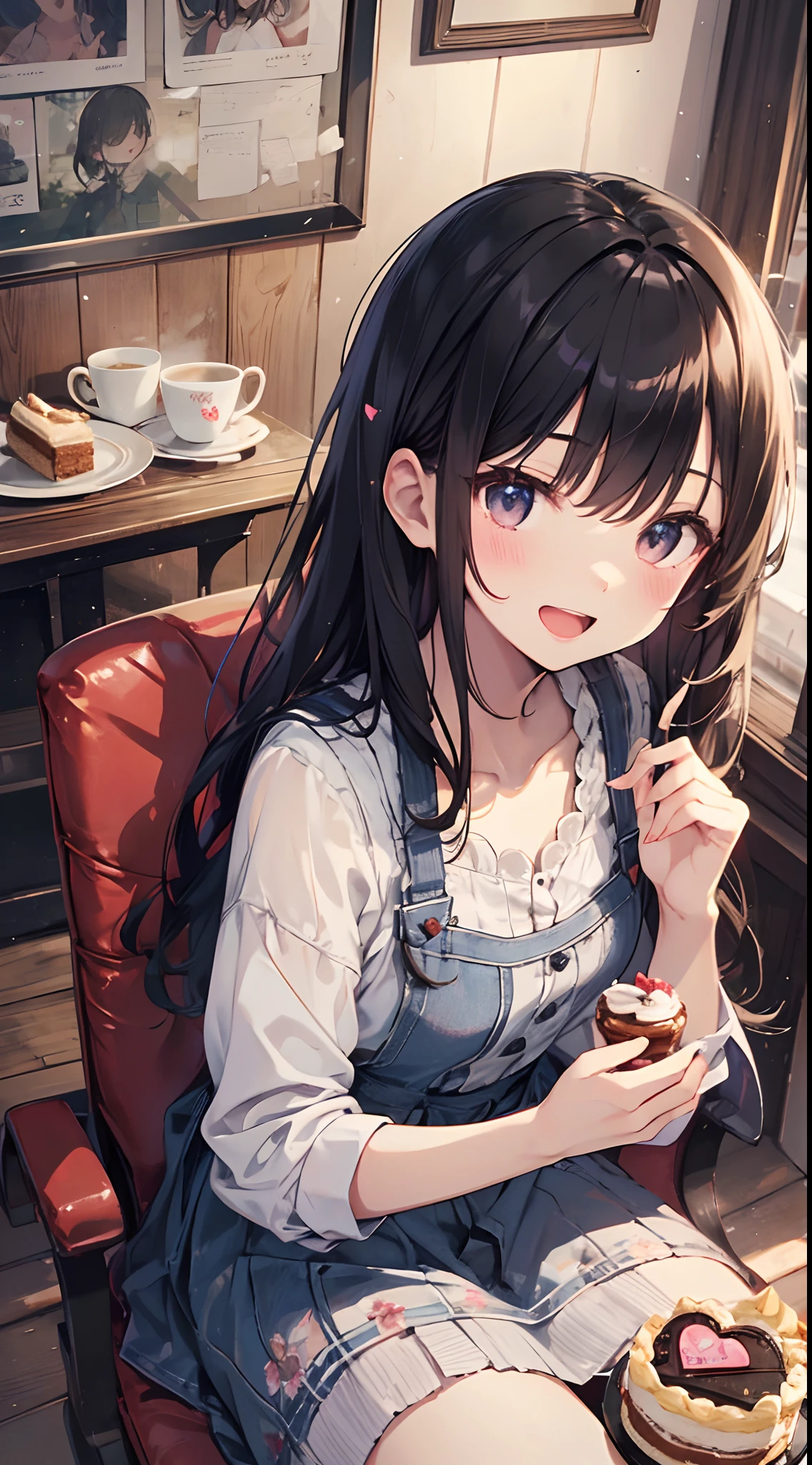 beautiful illustration、top-quality、Cute little girl s、cafes、sitting on、parfait、a cake、(spoken heart)、happiness、open open mouth、eye closed、Casual clothing、鎖骨、length hair、A dark-haired,perfect hand、