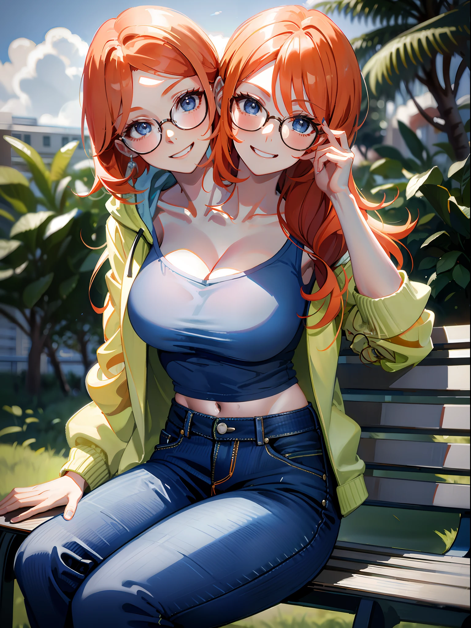 (masterpiece, best quality), best resolution, (2heads:1.5), 1girl, orange hair, different hair lengths, short hair, long hair, blue eyes, two pairs of glasses, happy, mouth open, mouth closed, white jacket with hood down, blue t-shirt, long blue jean pants, sitting on a park bench, park, close-up