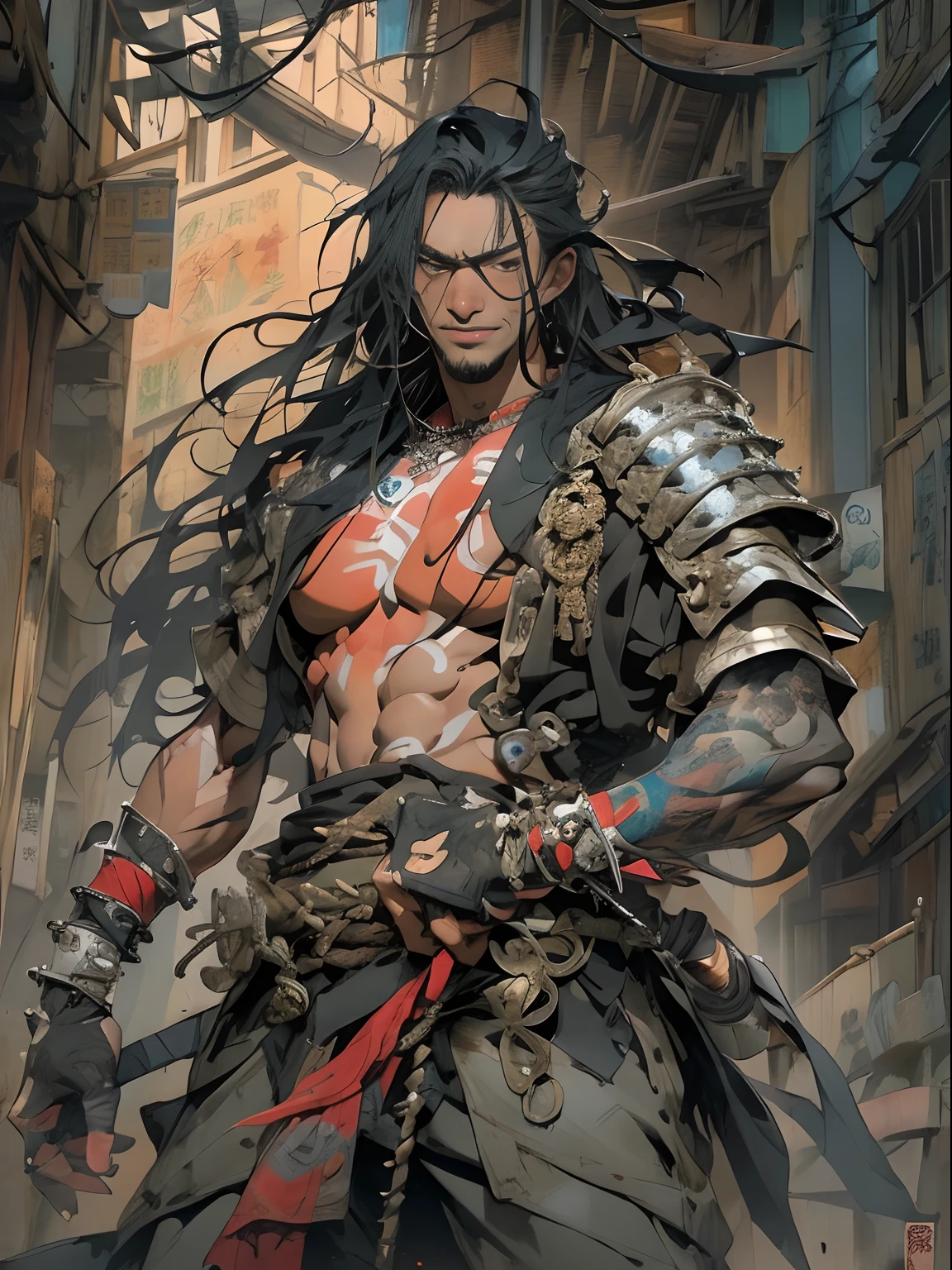 (((mtu))), (((best qualityer))), (((tmasterpiece))), (((AS-Adult))), ((( Japanese ))), Look up from your knees, Handsome Asian samurai,perfect body figure, Modern samurai, ((( Asian))), Wear gloves on your hands,The left arm is made of steel and metal tips,Made of protective devices, The eyes are pulled, (( Appears below the chest )), (( Small dental floss )), Simon Bisley, Almost naked(Simon Bisley)Castle City Wilderness,For high-resolution posters, hair straight, Minimum clothing, armure (Crazy clothes ), Full of tips and rivets, tribal tattoos, (((full bodyesbian))), Straight brunette hair,Colored hair ends
