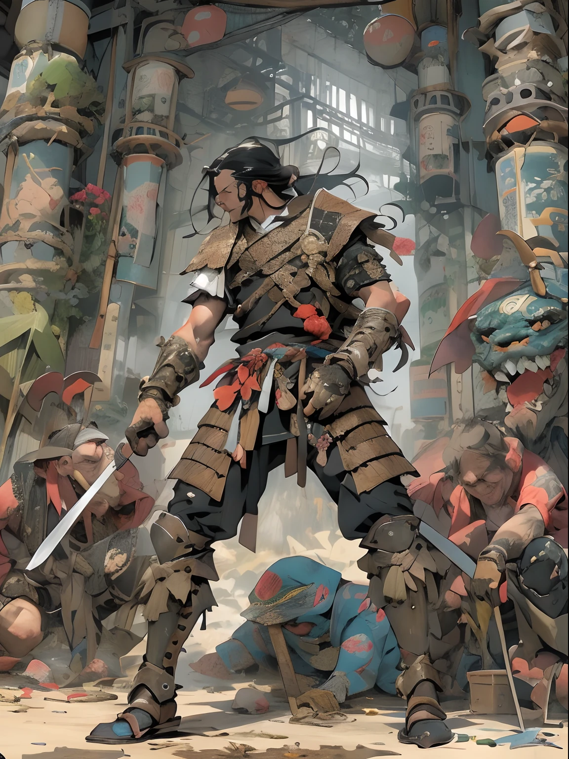 (((mtu))), (((best qualityer))), (((tmasterpiece))), (((AS-Adult))), ((( Japanese ))), Look up from your knees, Handsome Asian samurai，perfect body figure, Modern samurai, ((( Asian))), Wear gloves on your hands，The left arm is made of steel and metal tips，Made of protective devices, The eyes are pulled, (( Appears below the chest )), (( Small dental floss )), Simon Bisley, Almost naked（Simon Bisley）Castle City Wilderness，For high-resolution posters, hair straight, Minimum clothing, armure (Crazy clothes ), Full of tips and rivets, tribal tattoos, (((full bodyesbian))), Straight brunette hair，Colored hair ends