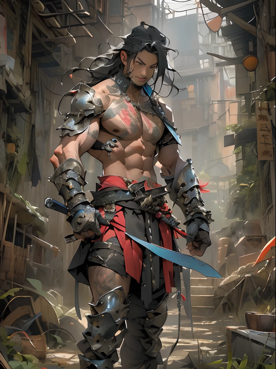 (((mtu))), (((best qualityer))), (((tmasterpiece))), (((AS-Adult))), ((( Japanese ))), Look up from your knees, Handsome Asian samurai,perfect body figure, Modern samurai, ((( Asian))), Wear gloves on your hands,The left arm is made of steel and metal tips,Made of protective devices, The eyes are pulled, (( Appears below the chest )), (( Small dental floss )), Simon Bisley, Almost naked(Simon Bisley)Castle City Wilderness,For high-resolution posters, hair straight, Minimum clothing, armure (Crazy clothes ), Full of tips and rivets, tribal tattoos, (((full bodyesbian))), Straight brunette hair,Colored hair ends