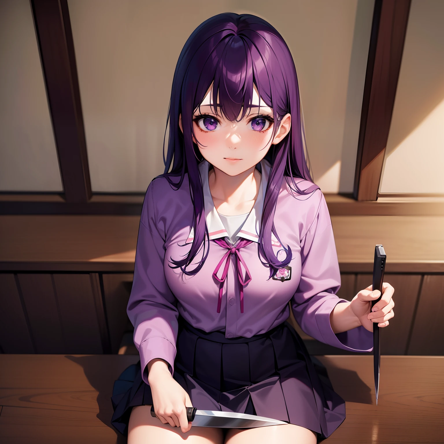Purple-haired girl, Japanese school uniform, sitting at a Japanese school desk, holding a knife, with a bloodied arm, (best quality, 4k, highres, masterpiece:1.2), ultra-detailed, (realistic:1.37), portraits, dark and moody color palette, dramatic lighting.