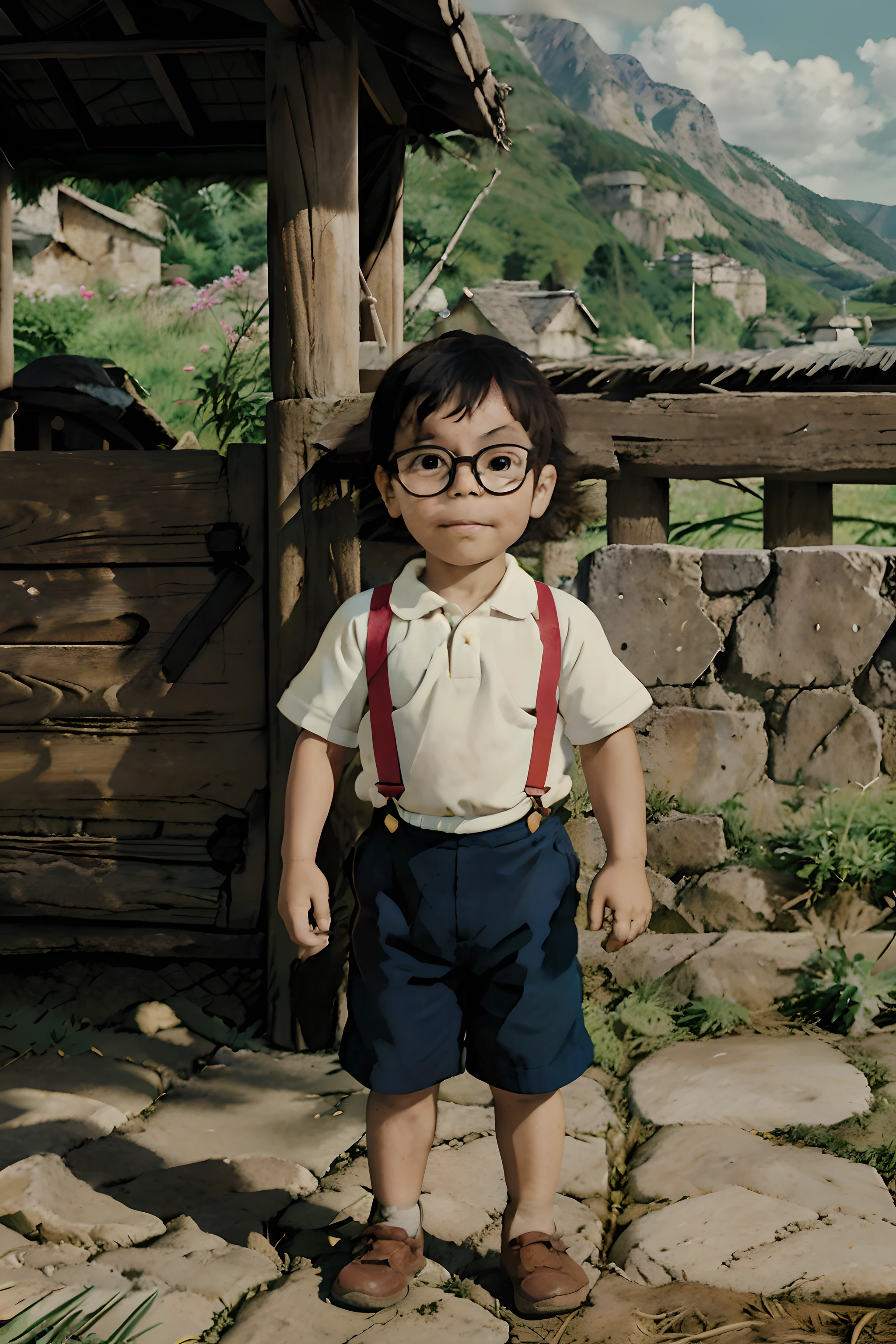 "Create a Studio Ghibli-inspired illustration of a joyful 3-year-old boy wearing glasses and a straw hat, dressed as a farmer, tending to the land. The background should be beautifully blurred to enhance the focus on the young farmer. Depict a heartwarming countryside scene with a distant corral and picturesque mountains. Use soft and inviting colors to capture the magic of the moment. Artists related to this style: Hayao Miyazaki, Isao Takahata, and Yoshifumi Kondō."