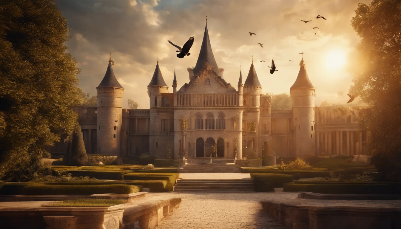 Grand Castle, Great architecture, Sun Rays, Birds, Heaven, Angels, Wallpaper, Masterpiece, Realistic, Colorful, Gorgeous, 8K, Ultra Realistic, Precise.