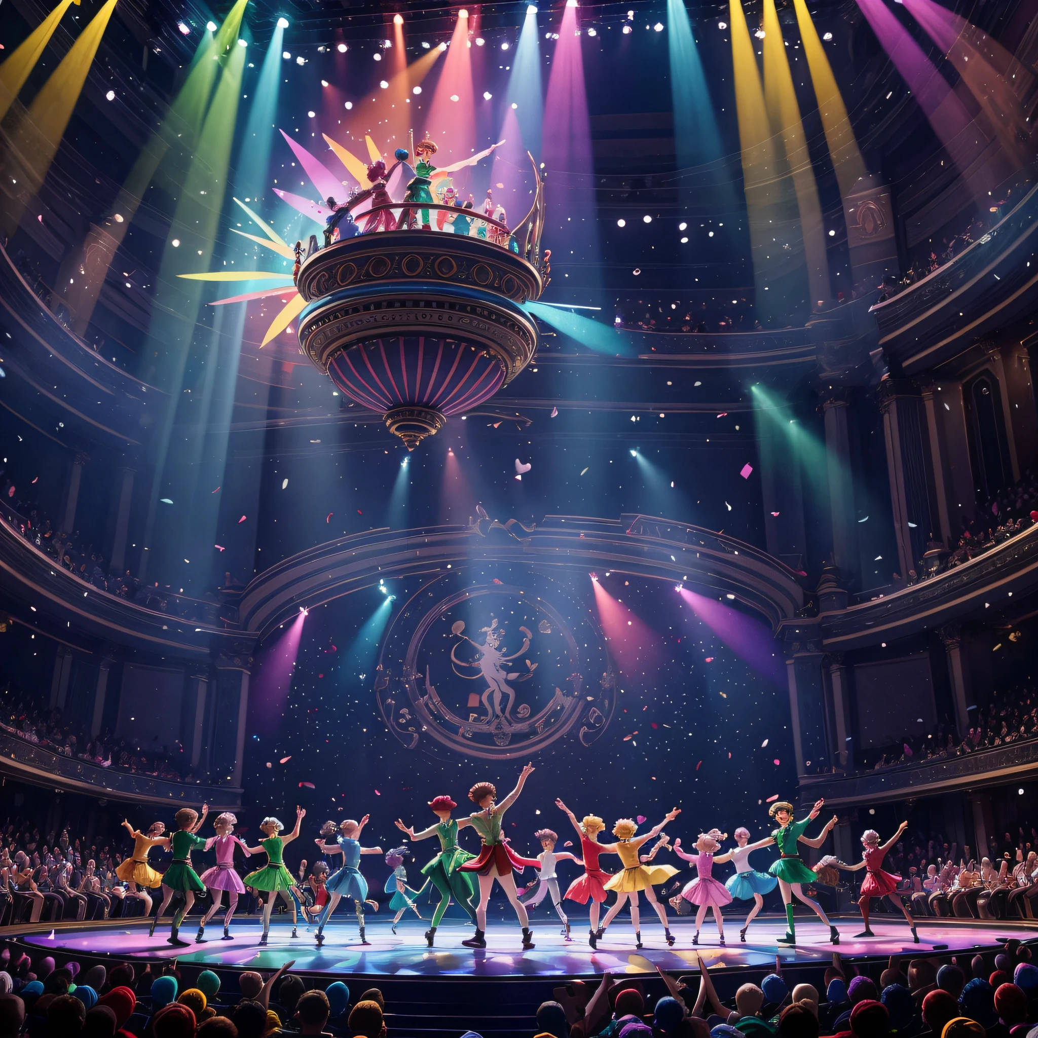 musical, (Peter Pan and his friends), inging and dancing and having fun, Full of dreams and hopes, National Theatre, Various kinds of colorful lights, audience, At the finale, lots of silver confetti falls from above, (Masterpiece), 8K, (Best Quality), Ultra high details