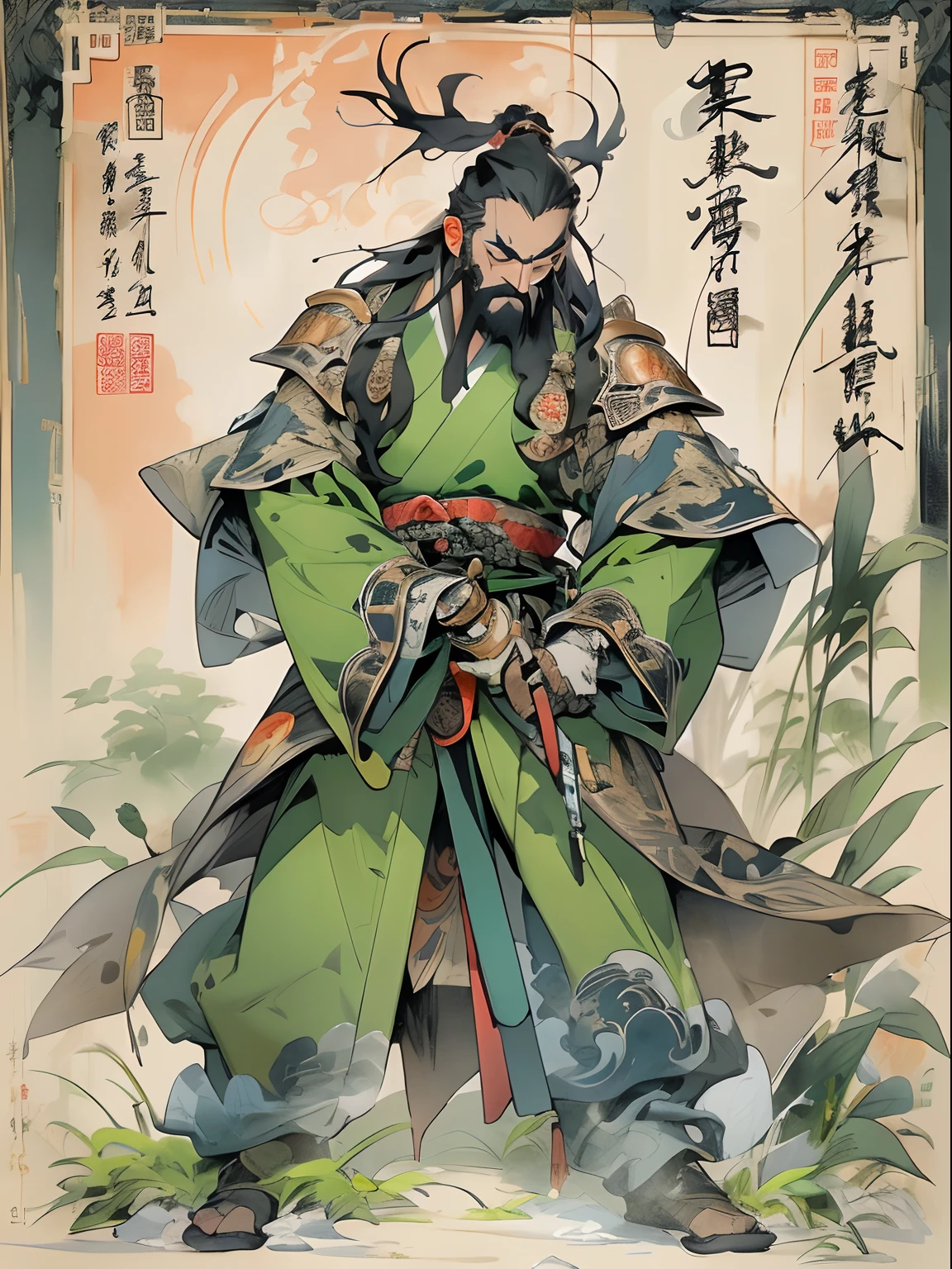 (((China-style，Ink painting method，Half-length portrait，Intense color，Han dynasty, China，Hanfu，Armor，Guan yu，Guan Yunchang，of a guy，Ruddy killing square face，Hold the Blue Dragon Moon Knife in his right hand，Stroke your beard with your left hand，Long hair，petty eyes，Green robe))), (((best qualityer))), (((tmasterpiece))), (((AS-Adult))), ((( Japanese ))), Look up from your knees, Handsome Asian samurai，perfect body figure, Modern samurai, ((( Asian))), Wear gloves on your hands，The left arm is made of steel and metal tips，Made of protective devices, The eyes are pulled, (( Appears below the chest )), (( Small dental floss )), Simon Bisley, Almost naked（Simon Bisley）Castle City Wilderness，For high-resolution posters, hair straight, Minimum clothing, armure (Crazy clothes ), Full of tips and rivets, tribal tattoos, (((full bodyesbian))), Straight brunette hair，Colored hair ends