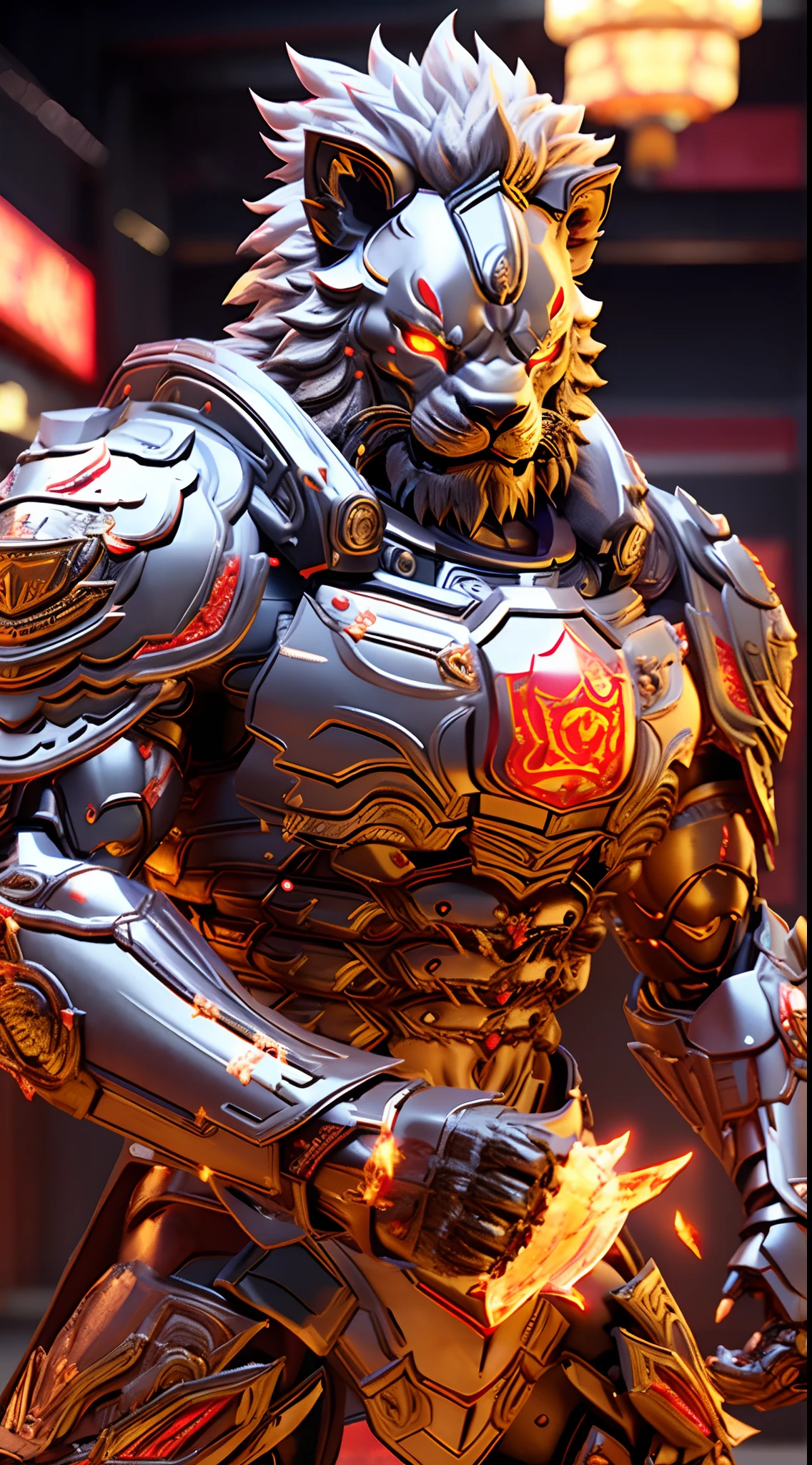 CHINESE LION, LION HEAD, HEAVY CRYSTAL ARMOR, TRANSPARANT, BLACK CLOAK, MUSCLE BODY.