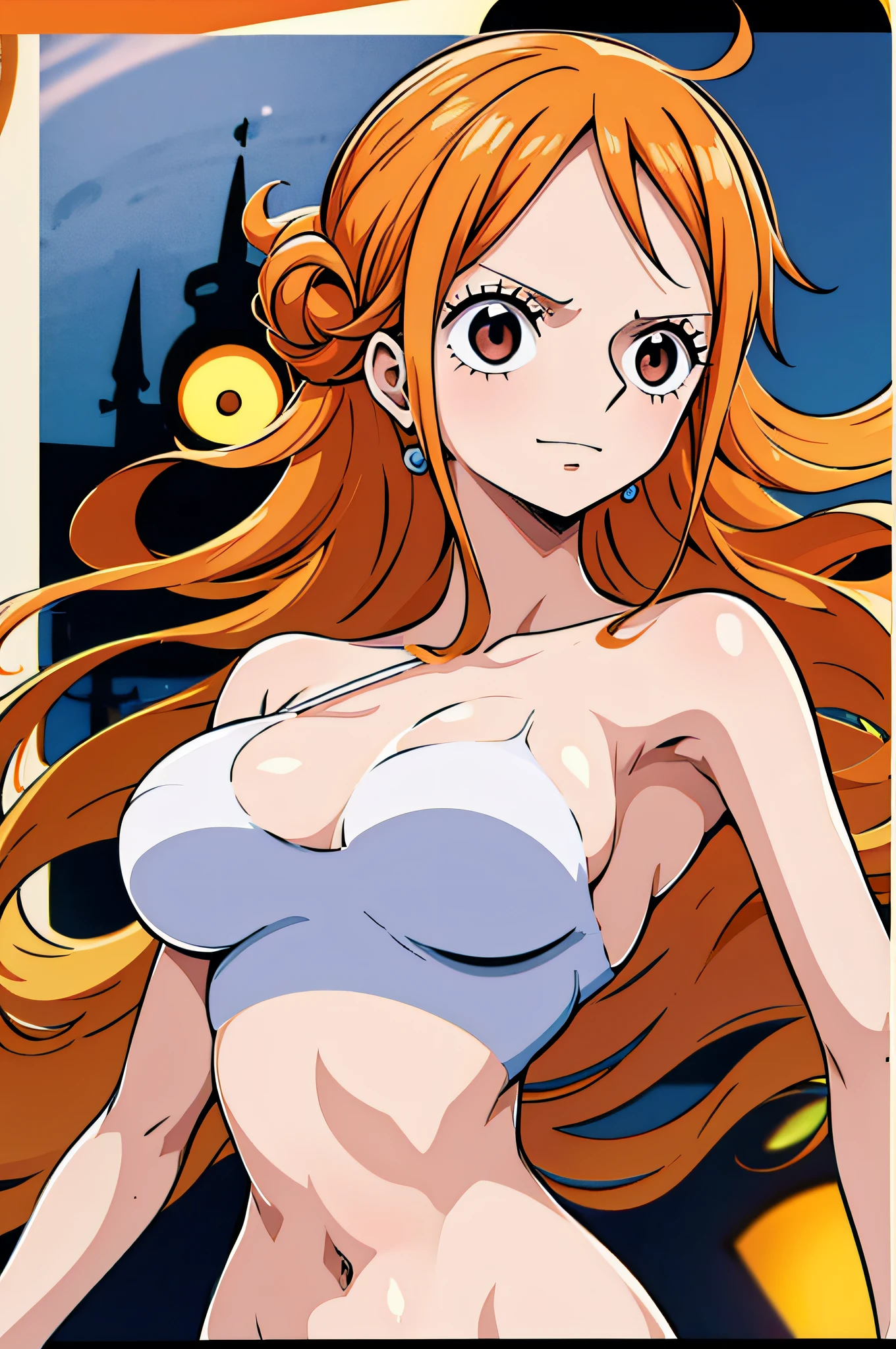 Generar una imagen realista de estilo anime de Nami de One Piece. Captura su apariencia distintiva con cabello naranja, and a cheerful expression. Make sure the picture reflects your adventurous and confident personality as shown in the anime.., cuerpo completo, Plano amplio , NSFW, Curvy athletic body, ojos naranjas, ojos naranjas, armpits, nude, desnudo, bathing, ducha, night