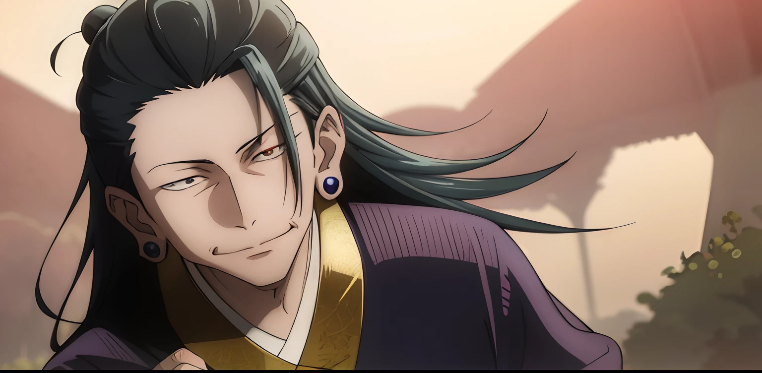 (masutepiece:1.2, Best Quality), (finely detailed beautiful eye: 1.2),1man, 1boy, (the Extremely Detailed CG Unity 8K Wallpapers, masutepiece, Best Quality, Ultra-detailed, Best Shadow), (Detailed background), (beautifull detailed face, Beautiful detailed eyes), Sugruget , (komono:1.1), care, Black kimono, earrings, Tsurime, Smirk, Evil, Male Focus, villian, Looking at Viewer,High contrast, (Best Illumination, extremely delicate and beautiful),(simple backround, Outdoors),