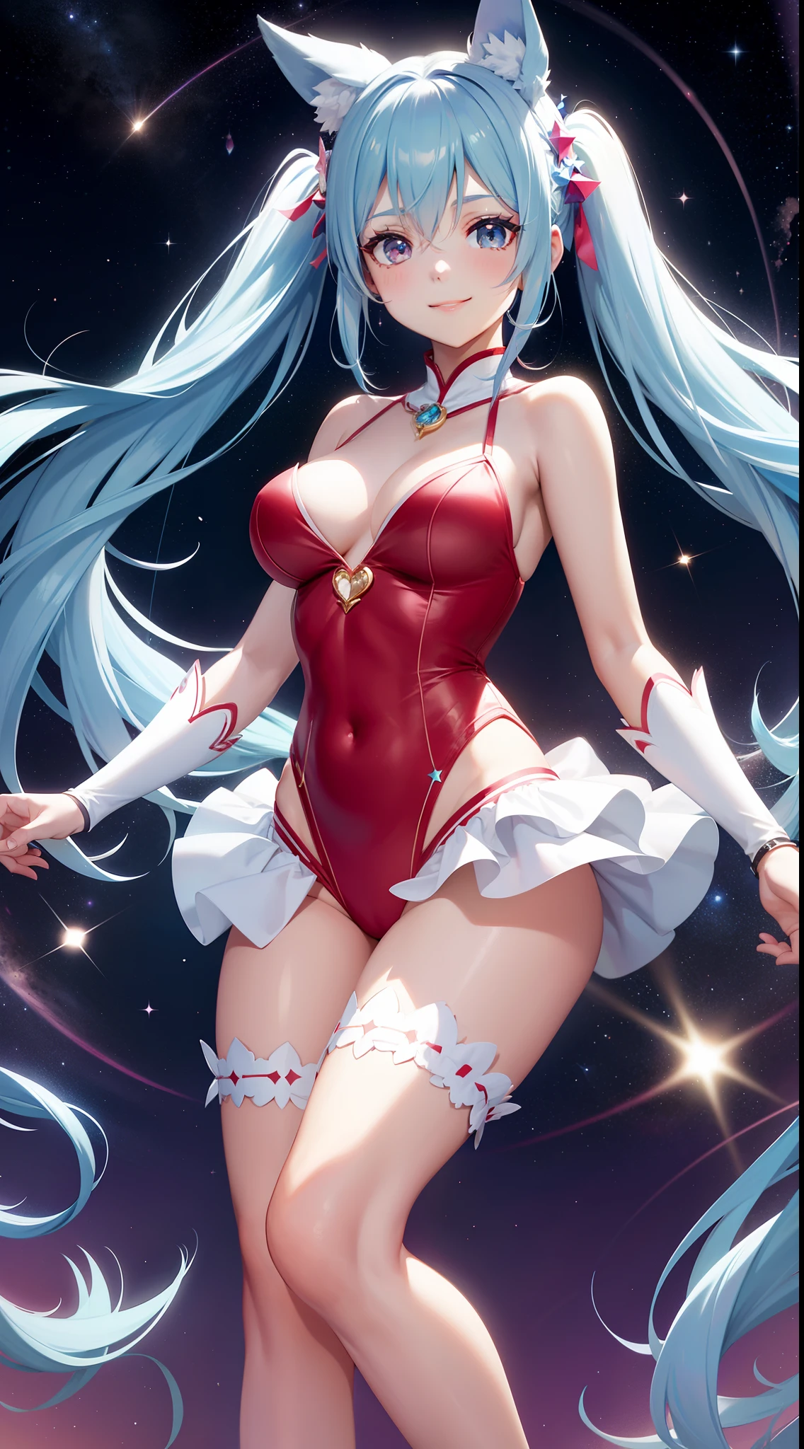 Super Idol　a beauty girl　A charming smile　sky blue hair　length hair　Twin-tailed　Bright red and white leotard outfit　Mystical　Fantasia　constellation　a moon　Crystal Brilliance　Aurora Borealis in the Night Sky