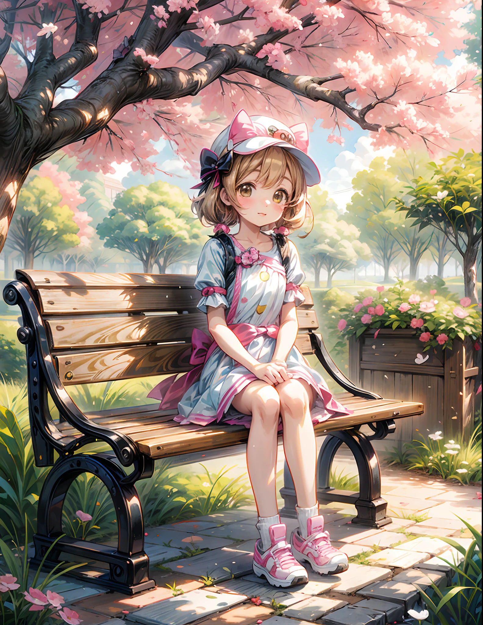 anime girl sitting on a bench in a park with a cherry tree, cute anime girl, ((hello kitty)) hat,portrait of cute anime girl, pretty anime girl, aya takano color style, very beautiful anime cat girl, anime girl, young anime girl, anime style illustration, beautiful anime girl, cute anime, anime visual of a cute girl, li, cute anime style, anime stile
