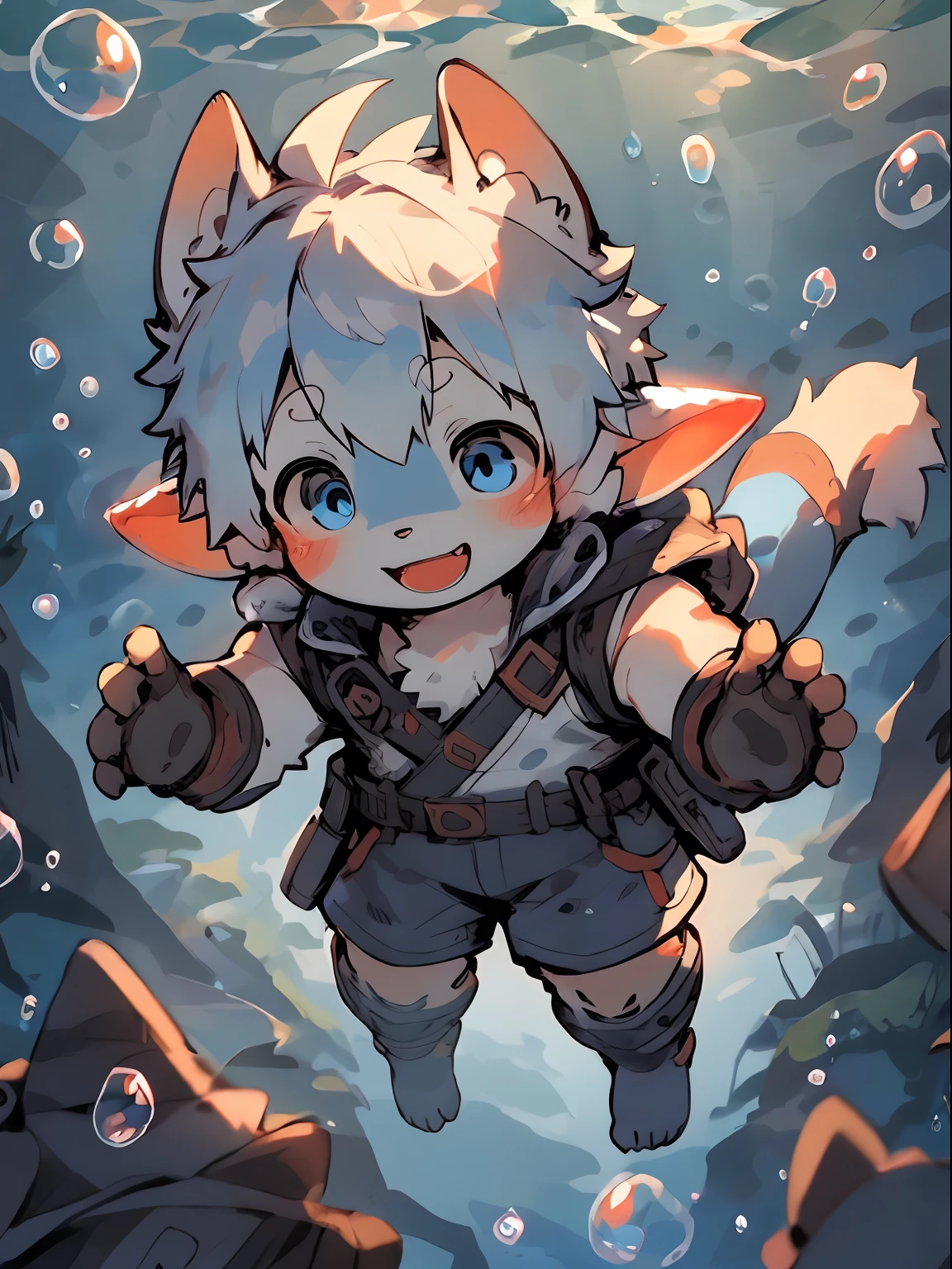 Masterpiece, high quality portrait, 16k, Furry,( White_Hair, Blue eyes, Blue fur:1.2), cub, solo child boy, Collar, Topless, goggles, Laughing,skin_Fang, Shorts, ventania, posing on a, Ears down, Unlimited water, Full shot,author：Sumi Kuroi, Yupa,Kiyosan