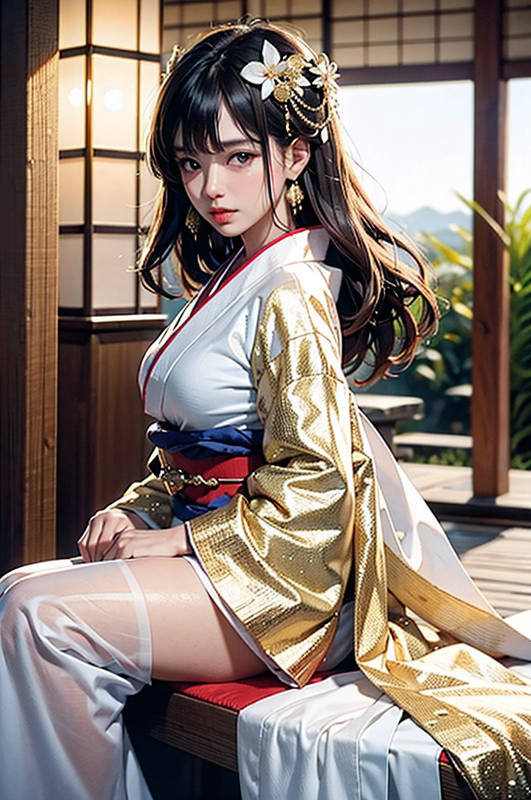 Best Quality, masutepiece, hight resolution, (exquisite body:1.5),gorgeous faces,(milky skin:1.3),Intricate details,High resolution,Wallpaper, Facial shades
1 girl, Solo, Dress, Hair Ornament, (((White and gold and red kimono))), (((Yukata))), Flowers, Long hair, Brown hair, Closed mouth, Jewelry, Long sleeves, Hand up, Wide sleeves, Japan Band, Big eyes, Young Woman, ((Nape of neck)), Floating hair, Komono, Japonism, embroidery, Sitting bench,  Natural pose, Falling petals, Indoor, Fanning, lantern, Traditional architecture of Japan
16k,nffsw,hight resolution,Depth Field,(Film grain:1.1),Boken,the golden hour,(Lens Flare),Vignette,rainbowing,(colour grading:1.5)