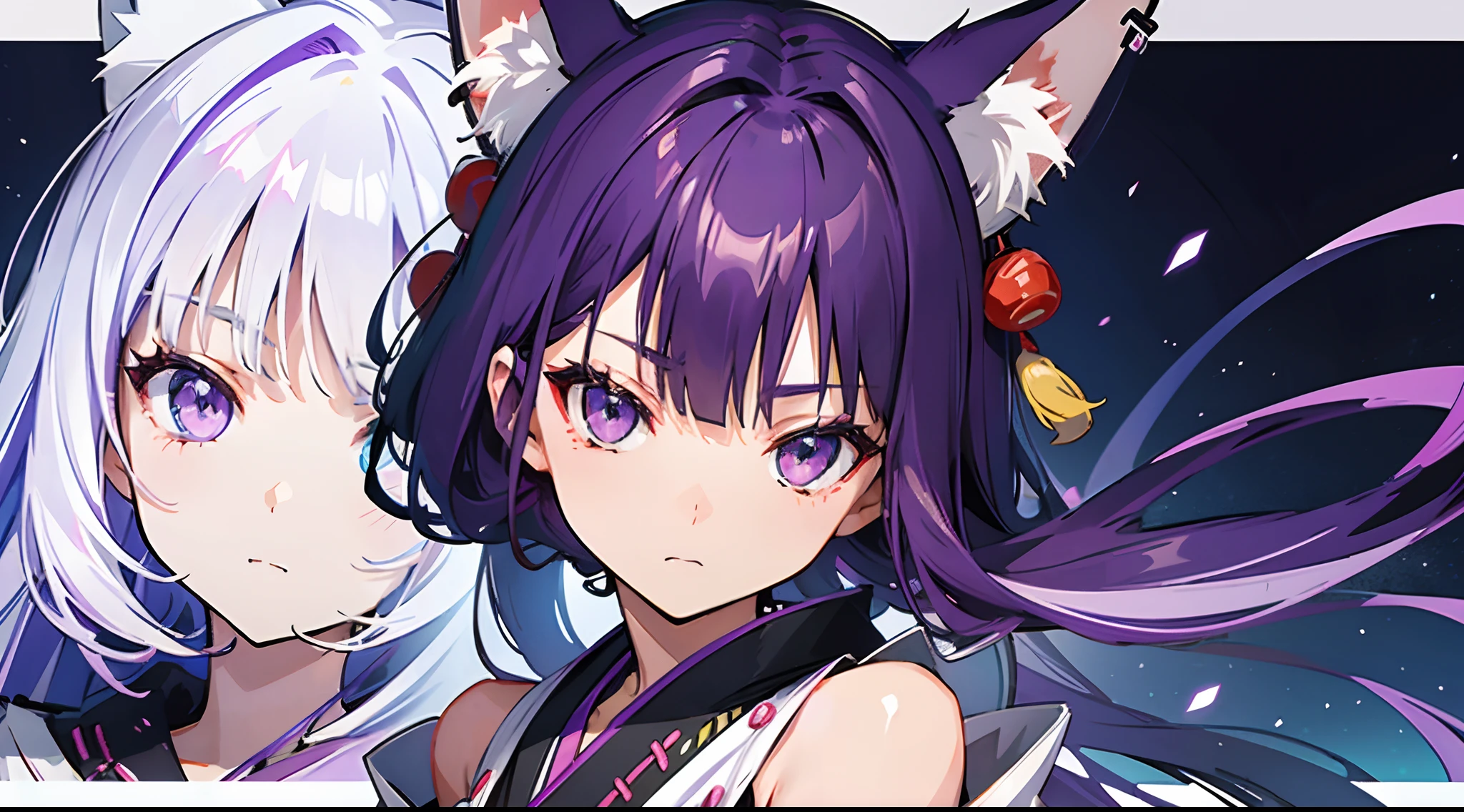 one Cute woman,Long hair,Japanese,Fox ears,Purple hair,Face and shoulders close-up,midiam tits,background is white out,close up face and shoulders