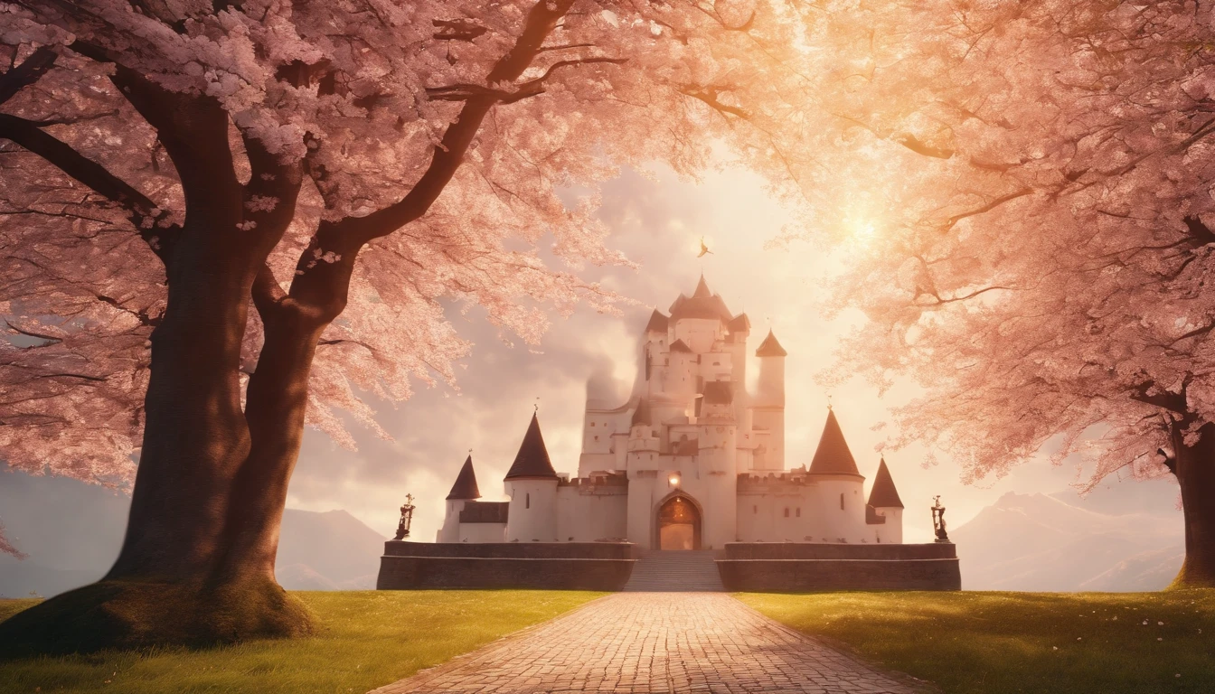 Grand Castle, Great City around the Castle, Sun Rays, Birds, Heaven, Angels, Wallpaper, Masterpiece, Realistic, Colorful, Gorgeous, 8K, Ultra Realistic, Cherry Blossom Trees.
