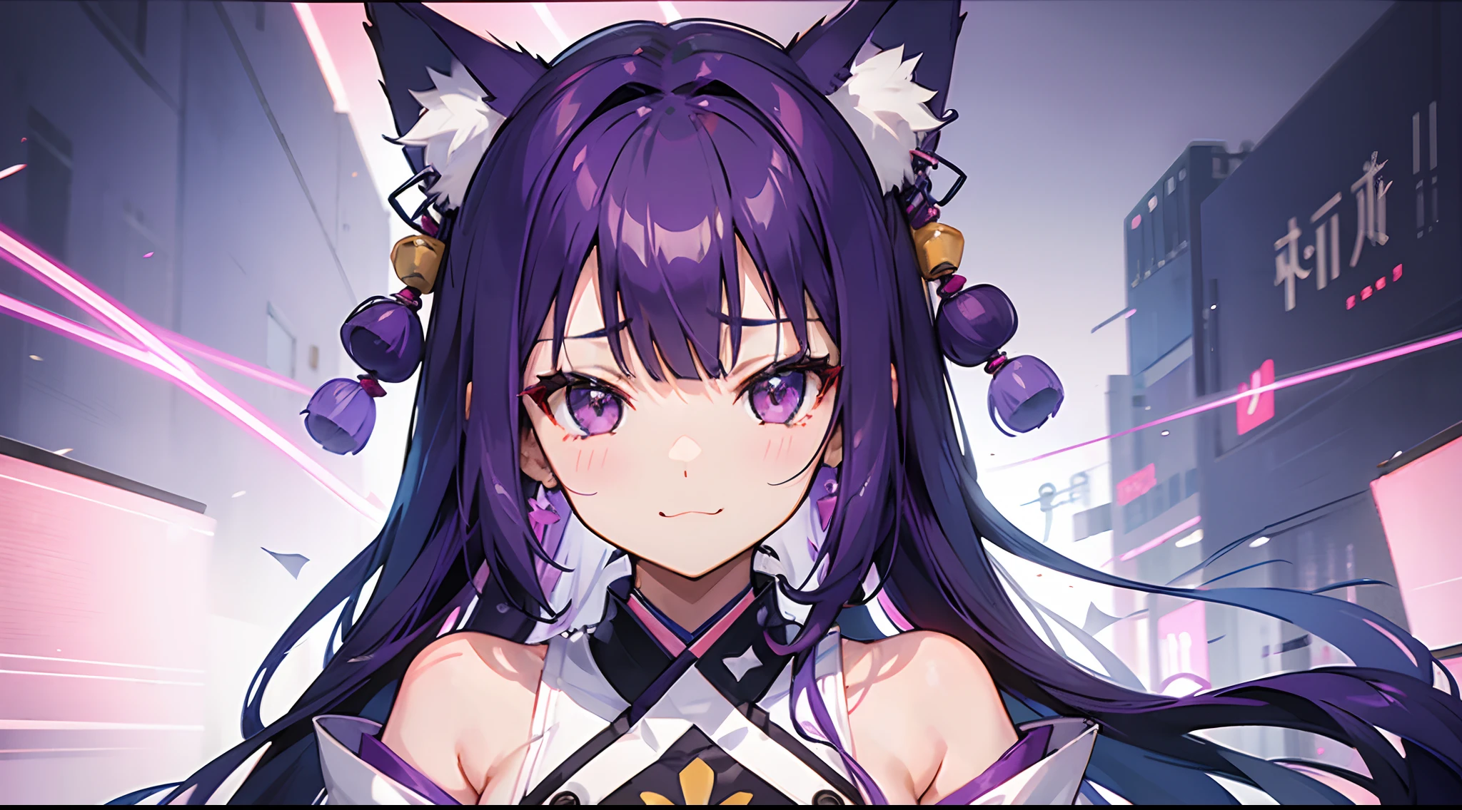 one Cute woman,Long hair,Japanese,Fox ears,Purple hair,Face and shoulders close-up,midiam tits,background is white out,close up face and shoulders,frown,smile
