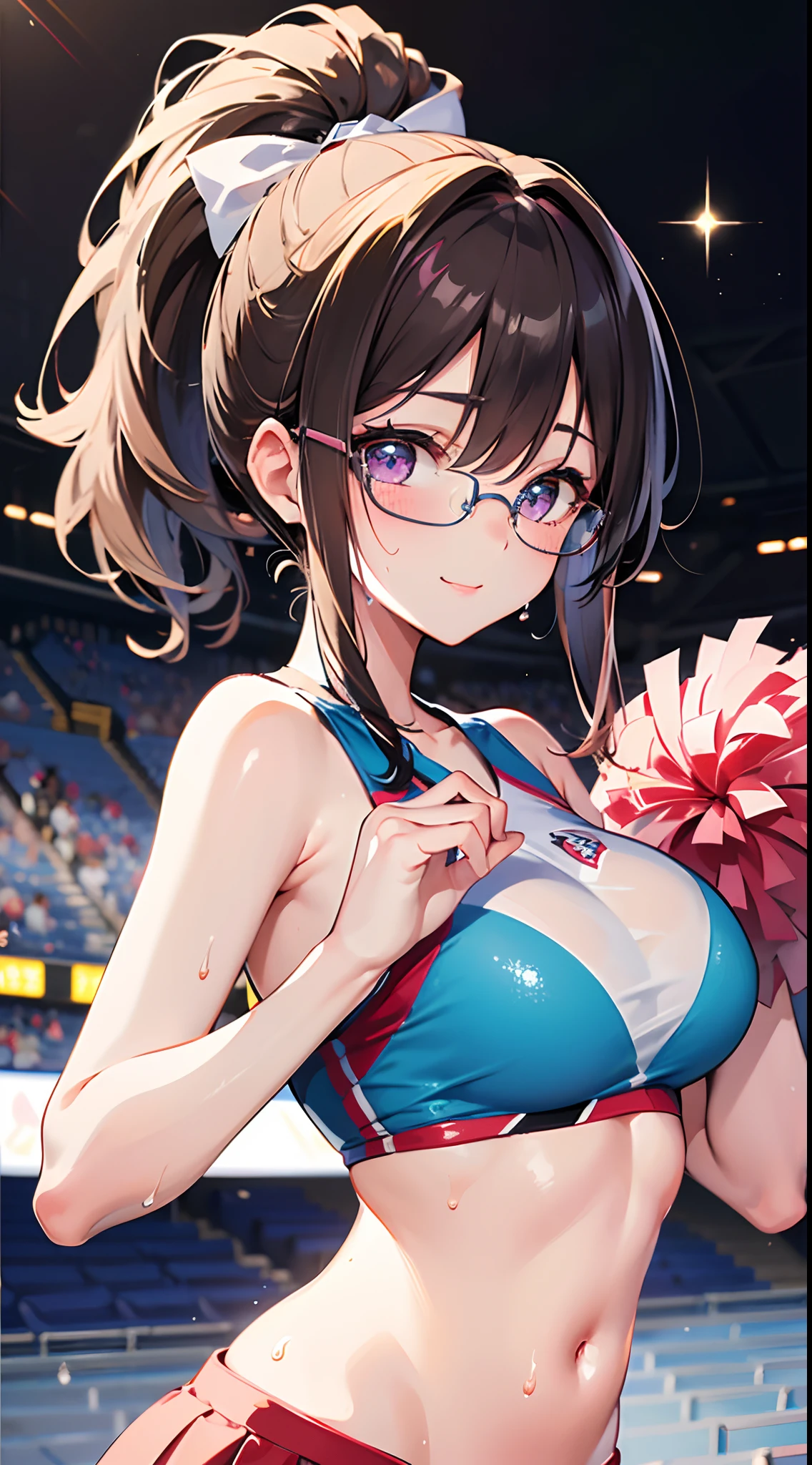 ((masterpiece)), ((best quality)), (ultra-detailed), ((kawaii)), cute, (lovely), ((sexy)), (ero), ((extremely detailed)), 4K, (8K), best quality, (beautiful), anime style, upper body, jumping pose, focus on the face, full body focus, daytime, a cute girl, 1girl, solo, cheerleader, cheering, beautiful dark brown hair, beautiful purple eyes, ((beautiful eyes with highlights )), white-skinned, ponytail, lip, large breast, glasses, smile, happy , ((stadium)), sparkling effect, glitter effect, wind effect, shiny-glistening, ((sweat on skin)), gleaming, reflection effect