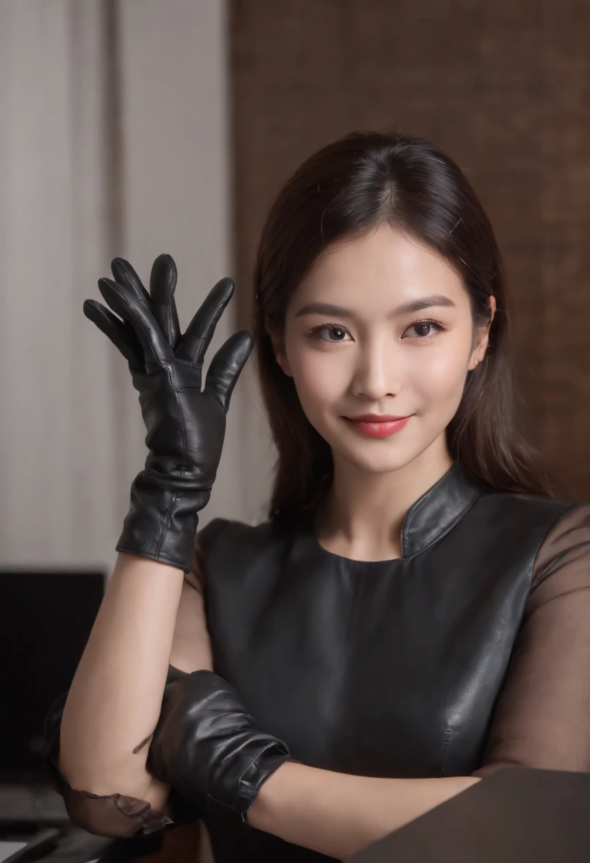 Wearing black leather gloves in both hands, upper body, black business suit, facing the desk in my room with a computer in the dark, while looking at the screen with a smile, operate the computer with the fingertips of black leather gloves, black hair bundled in the back for a long time, still young and very cute Japanese female new employee (black leather gloves cover both hands)