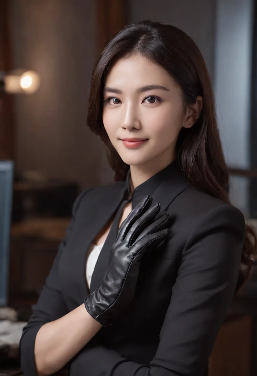 Wearing black leather gloves in both hands, upper body, black business suit, facing the desk in my room with a computer in the dark, while looking at the screen with a smile, operate the computer with the fingertips of black leather gloves, black hair bundled in the back for a long time, still young and very cute Japanese female new employee (black leather gloves cover both hands)