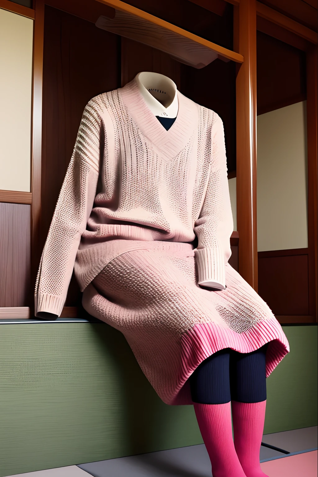 masterpiece,high quality,highrez, anime, 1female, solo, japanese woman, grandma, ((old lady)), sweater, long skirt, mat tights, full body, sitting, japanese room, no human, faceless, headless, invisible