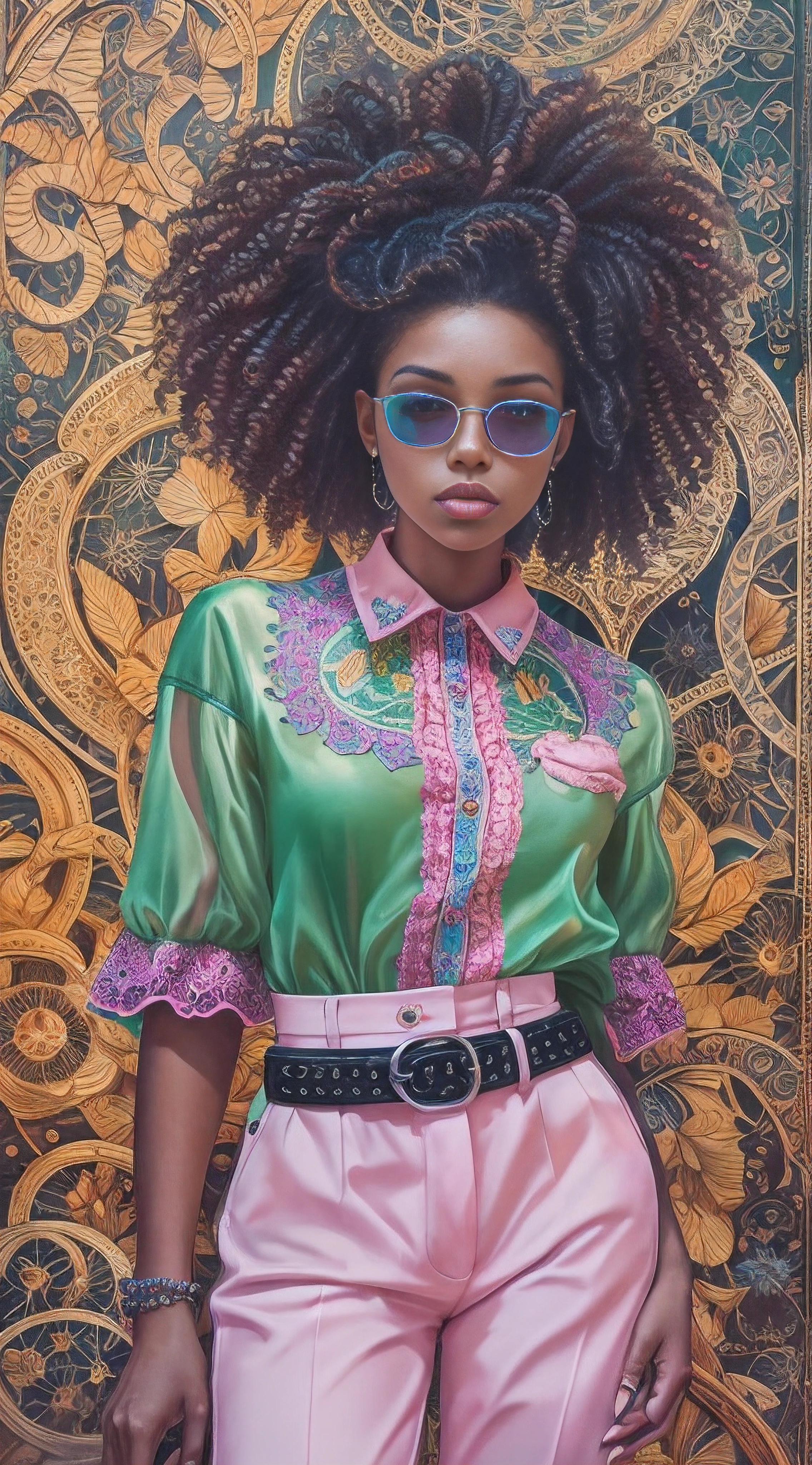 Black female. portrait painting of a beautiful fashionista posing on a runway on a fashion show, lilac orange blue cream and fuchsia bright vivid gradient colors, gorgeous face, edgy hair, shirt with puff sleeves and black lace, belted high waist pants, cute lace socks, romantic academia aesthetic, grunge aesthetic, close-up, emotional realism, magic realism, conceptual art, figurative painting, hyperrealism, detailed, intricate motifs, organic tracery, elaborate, by vincente romero, by EVA GAMAYUN, BY allison reimold, By Rose Morrison, By Ruby Caurlette