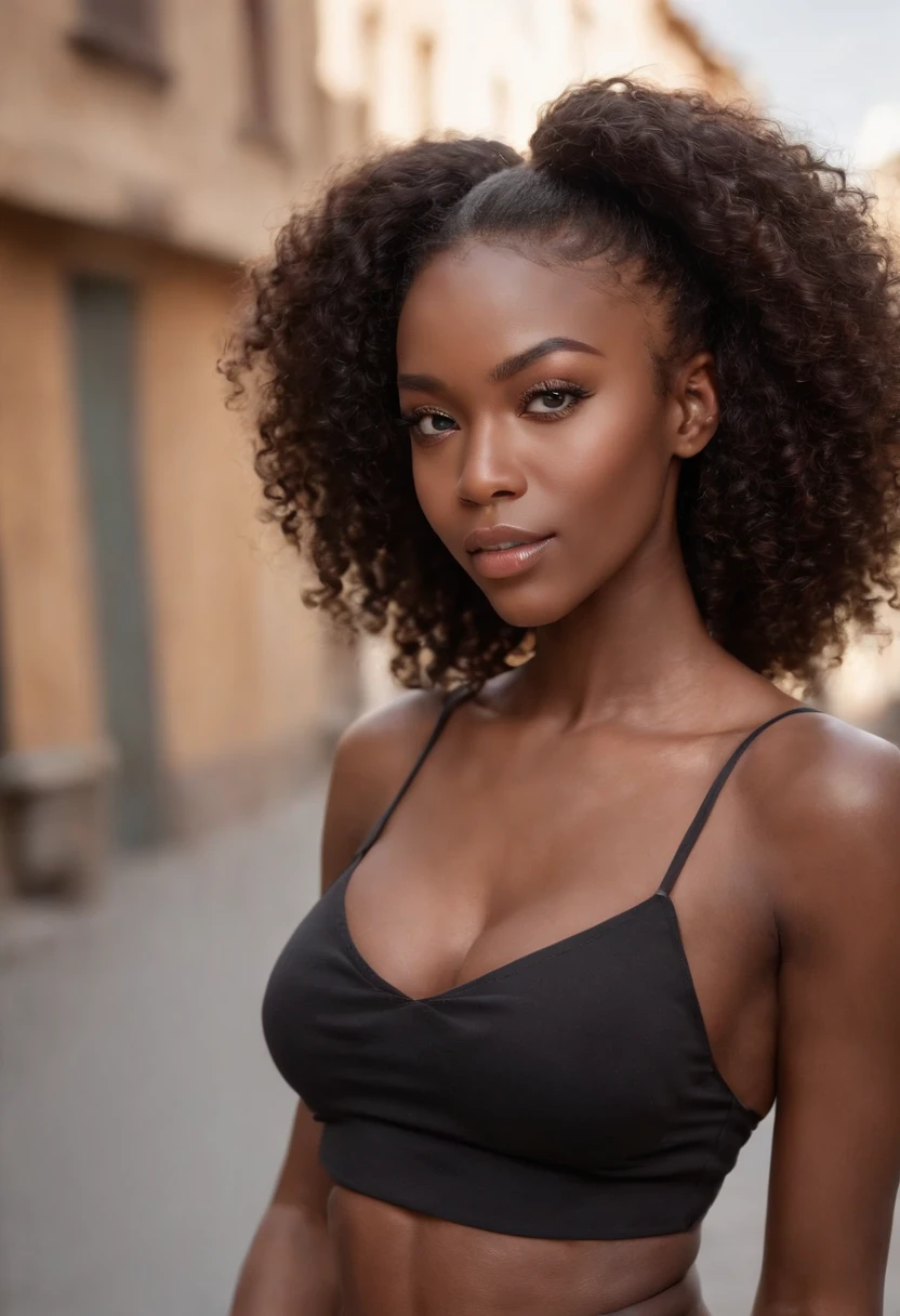 ((African dark skin, very deep ebony skin)), ((her beauty is undeniable)), ((excited cute face)), ((hyper detailed perfect eyes,)), ((cute pose)), ((tongue out)), ((seductive )), sexy, (( tight mesh shirt, sexy short shorts)), ((African long curly afro ponytail hair,)), (( skin)), ((standing, front view)), ((touching her own legs in a sexy pose)), ((outdoors, public city)), sharp focus cgi, photorealistic, high detail, realistic, masterpiece, absurdres, best quality, HDR, high quality, high-definition, extremely detailed, 8k wallpaper, intricate details, 8K uhd, Full-HD, (realistic photo:1.2), contrast, harsh lighting, cinematic lighting, natural lighting, hard light, backlighting, global illumination, ambient occlusion