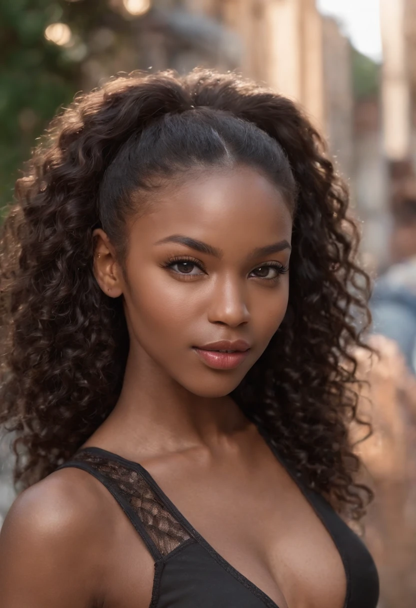 ((Dark African skin, Very deep ebony skin)), ((Its beauty is undeniable)), ((Excited cute face)), ((Super Delicate Perfect Eyes,)), ((Pose mignonne)), ((Langue sortie)), ((Seductive )), sexy, (( Mini robe bandeau)), ((African long curly African ponytail,)), (( peau)), ((debout, Vue de face)), ((Caresser vos jambes dans une pose sexy)), ((dehors, Villes publiques)), Sharp Focus CGI, photoreallistic, High detail, Realstic, Masterpiece, absurderes, Best quality, Hdr, High quality, K HD, Extremely detailed, 8k wallpaper, Intricate details, 8K UHD, Full-HD, (photo realist:1.2), contraste, Dazzling lights, lighting cinematic, natural lighting, hard light, Backlit lighting, Illumination globale, Occlusion environnementale; cheveux dreads loks