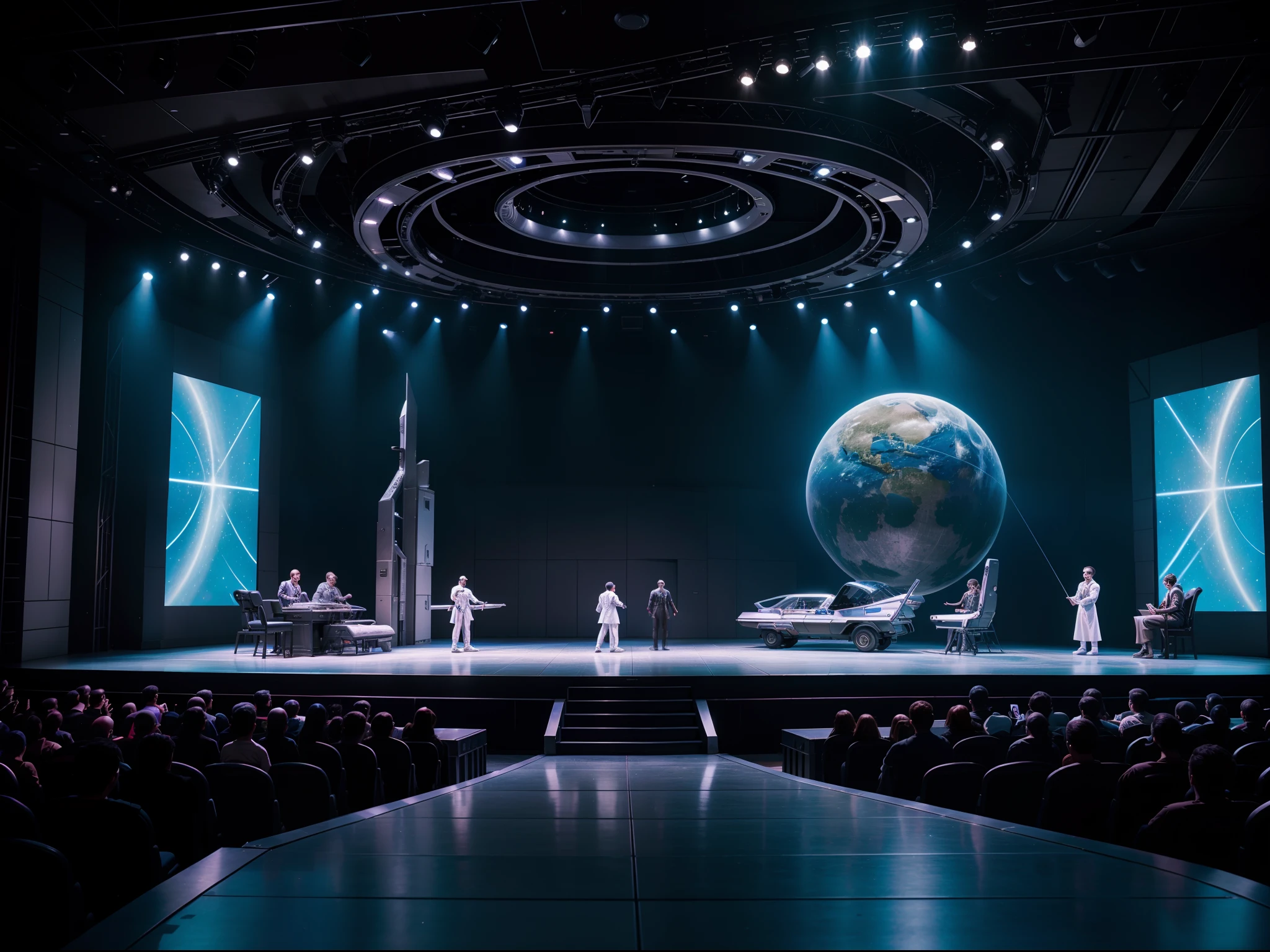 Hyper realistic photograph of a sci-fi musical play, sci-fi stage setting, Tech, 64k, masterpiece