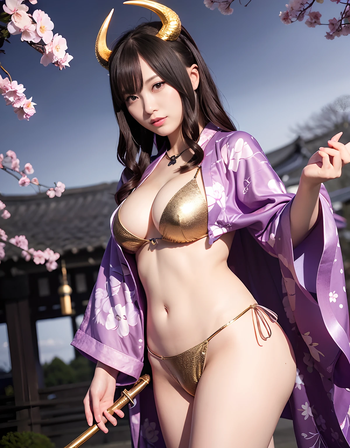 ((World of Darkness)),Professional , masterpiece、top-quality、photos realistic , depth of fields 、(sexypose)、(Background of cherry blossoms in full bloom),(Ultimate Beauty)、A dark-haired、(White bikini armor)、(Kimono with beautiful pattern)、(Night background)、((Wearing a skeleton helmet)),(Wear a beautiful kimono),(Wear a beautiful kimono with colorful floral patterns)、Jewel Gold Weapon、Particles of light),(Has a devil's mask)、Gorgeous gold weapons ,Skeleton population、(( Gorgeous Dragon Sword)) , (a dark night),,(maikurobikini) 、((Black Haired Beautiful Girl))、(Castle background)、(demonic wings)、((Gangle's forest background))、Beautiful Caucasian beauty、1a person、dynamic ungle,(((Two devil's horns on the head)))、Smaller head、Idle Smile、Thin and beautiful female hands、Mystical expression、Light Effects、intense fighting、Wind-effect、magic circles、With the legendary magic wand、Dragon's tail、