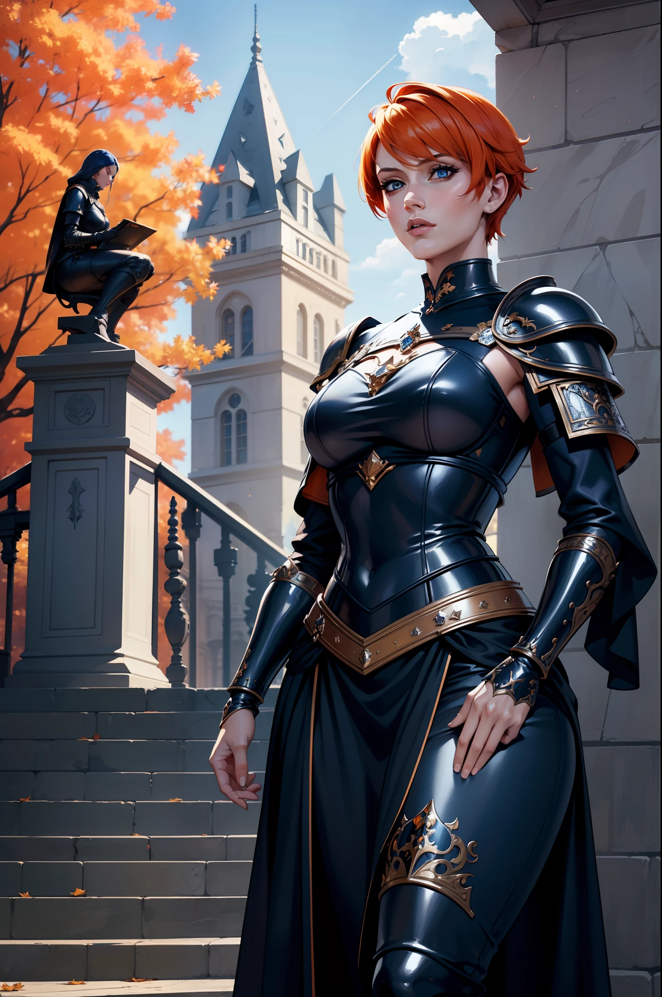 A beautiful and wonderful woman, extremely detailed, short orange hair, wearing extremely detailed Gothic armor, blue eyes on the staircase of the library with medieval statues, blue sky full of clouds and fluttering autumn trees, cover 8k in an imposing position;