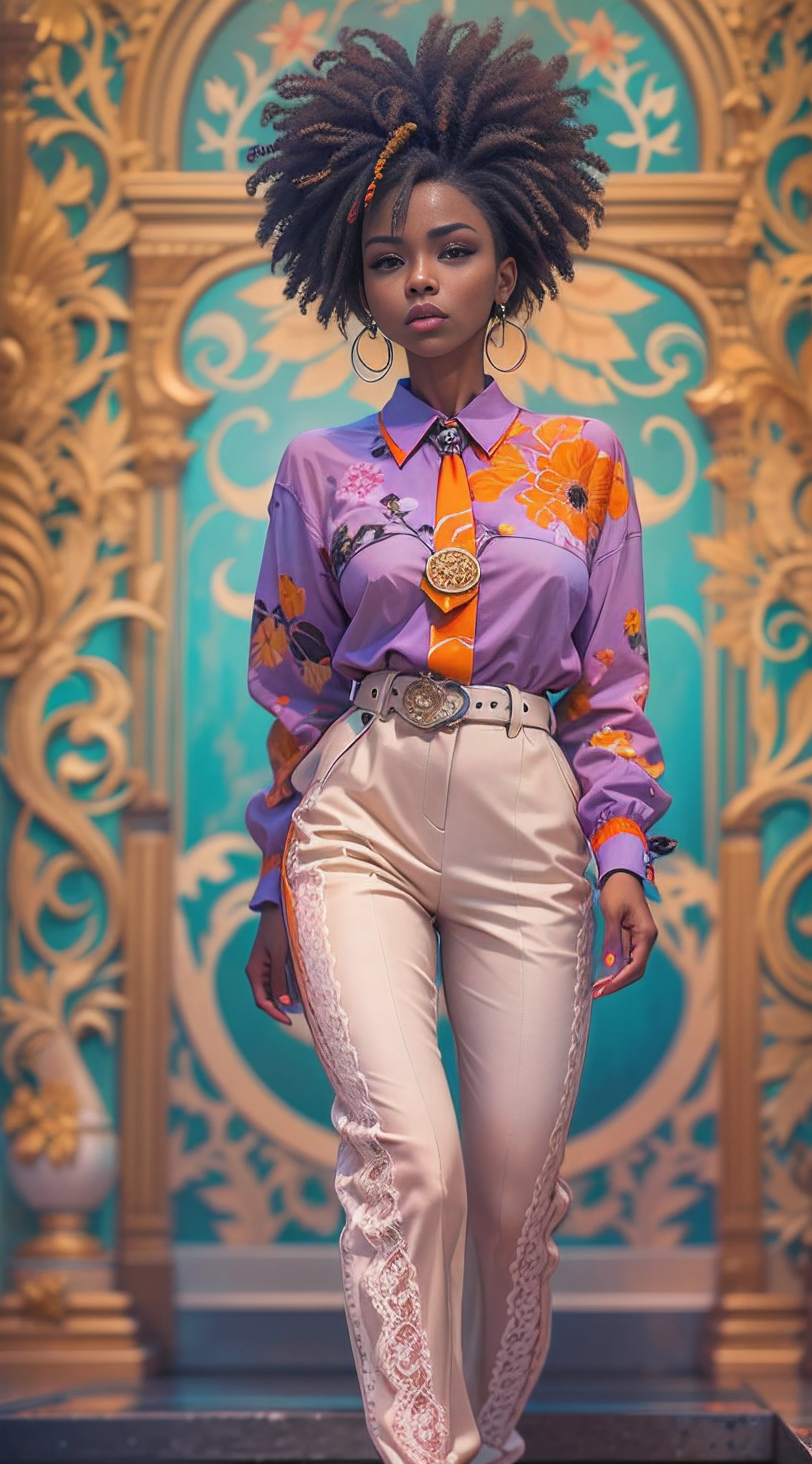 Black female. portrait painting of a beautiful fashionista posing on a runway on a fashion show, lilac orange blue cream and fuchsia bright vivid gradient colors, gorgeous face, edgy hair, shirt with puff sleeves and black lace, belted high waist pants, cute lace socks, romantic academia aesthetic, grunge aesthetic, close-up, emotional realism, magic realism, conceptual art, figurative painting, hyperrealism, detailed, intricate motifs, organic tracery, elaborate, by vincente romero, by EVA GAMAYUN, BY allison reimold, By Rose Morrison, By Ruby Caurlette