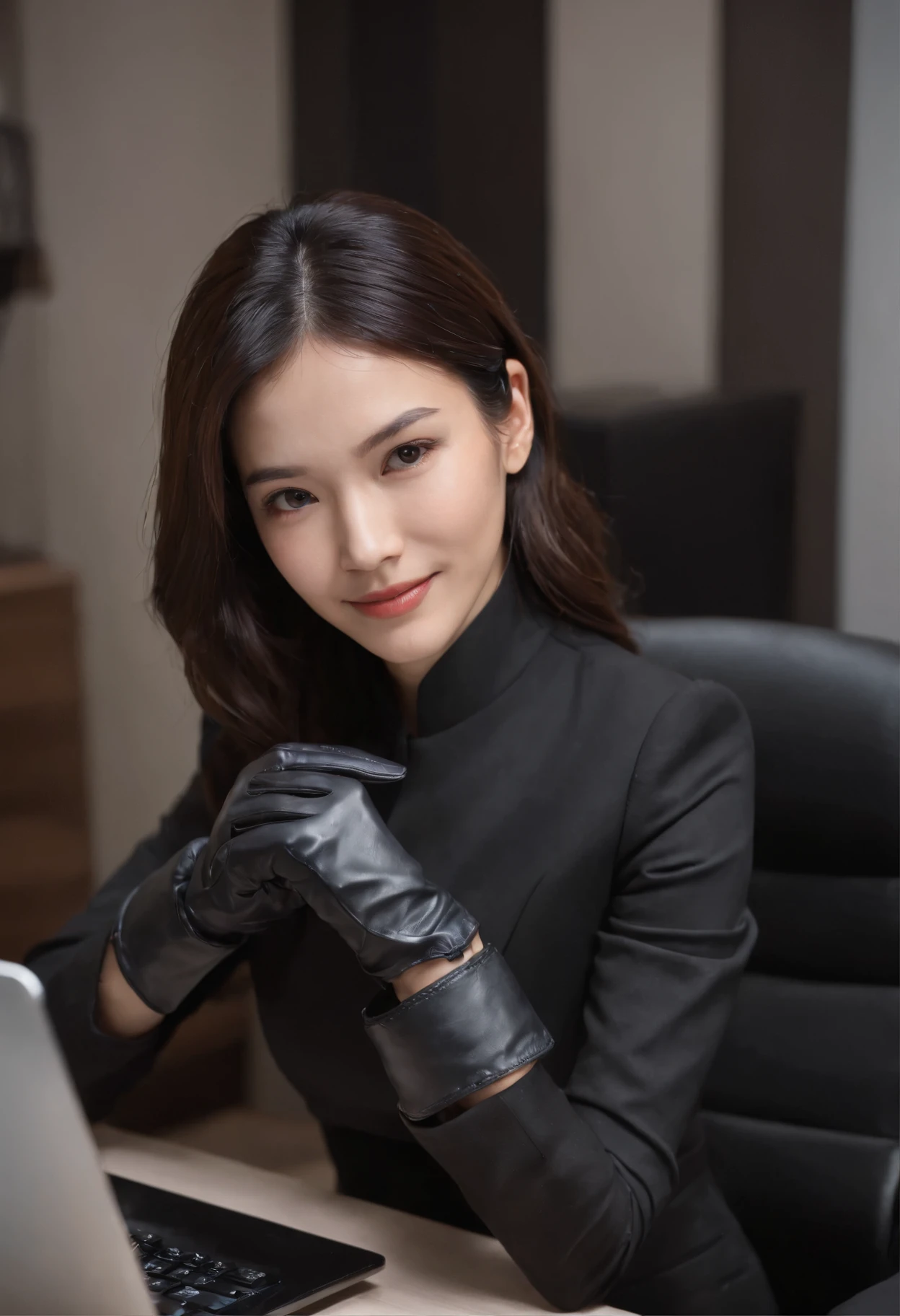 Wearing black leather gloves on both hands, Upper body, Black business suit, Facing the desk in my room with a computer in the dark, Look down and smile, Operating the computer with the fingertips of black leather gloves, Black hair was tied back for a long time, Japan female new employee who is still young and very cute (Black leather gloves cover both hands)