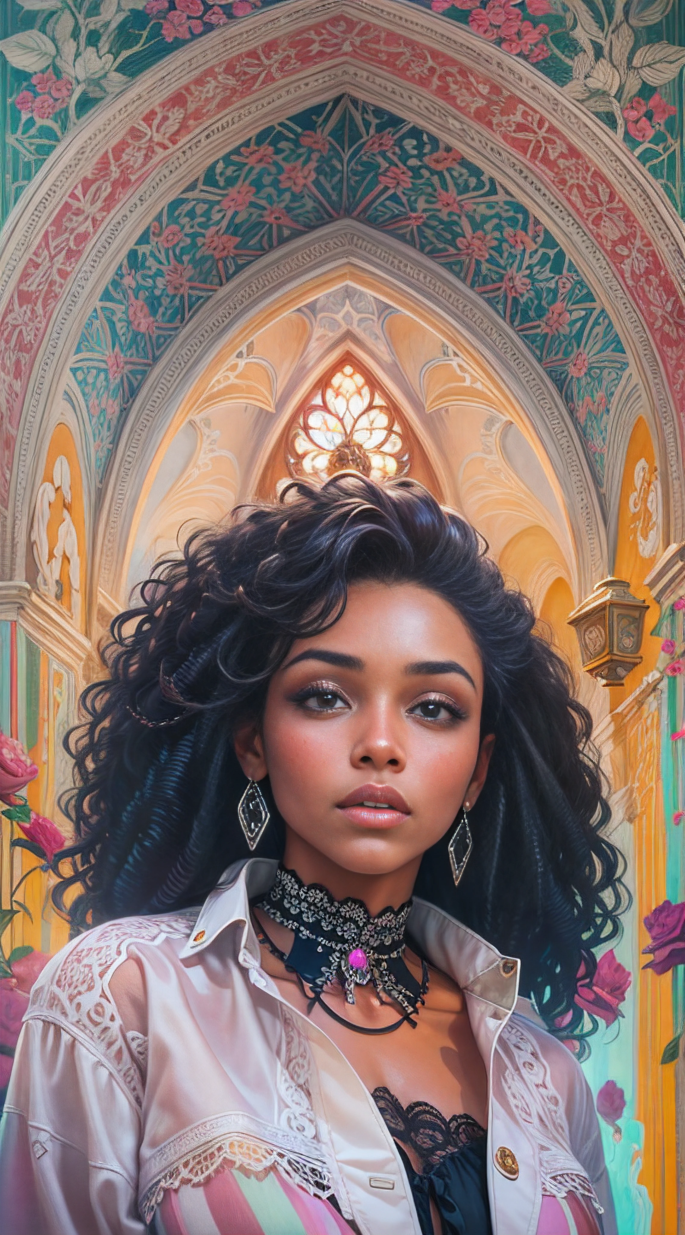 Black female. portrait painting of a beautiful fashionista posing on a runway on a fashion show, lilac orange blue cream and fuchsia bright vivid gradient colors, gorgeous face, edgy hair, shirt with puff sleeves and black lace, belted high waist pants, cute lace socks, romantic academia aesthetic, grunge aesthetic, close-up, emotional realism, magic realism, conceptual art, figurative painting, hyperrealism, detailed, intricate motifs, organic tracery, elaborate, by vincente romero, by EVA GAMAYUN, BY allison reimold, By Rose Morrison, By Ruby Caurlette