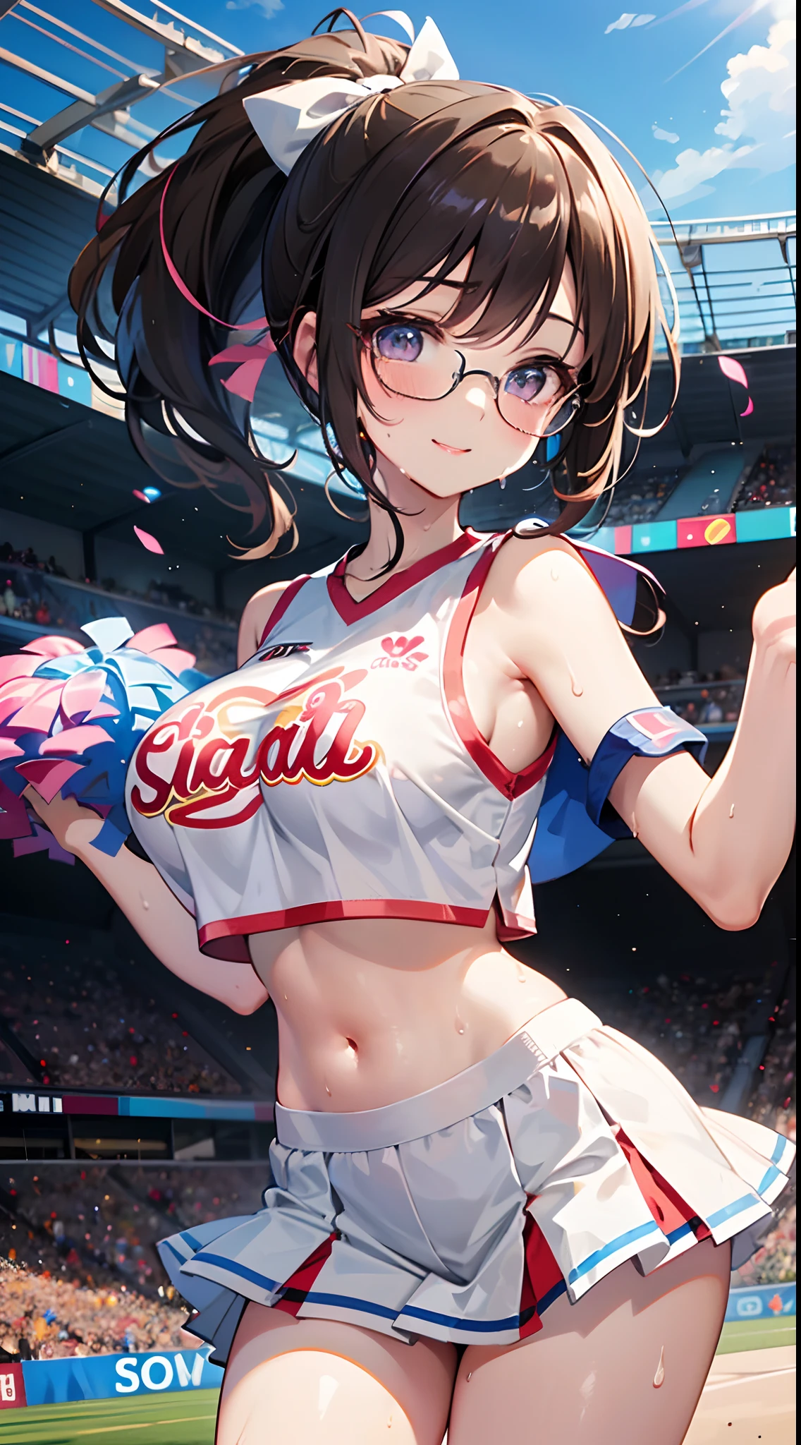 Highest Quality, masterpiece, d.va, brown eyes, beautifully detailed eyes, lightly curled Brown Hair, Gradient Hair, pink highlights in hair, makeup, glossy lips, full lips, medium breasts, (cheerleader), cleavage, collarbone, midriff, (school field), smirk