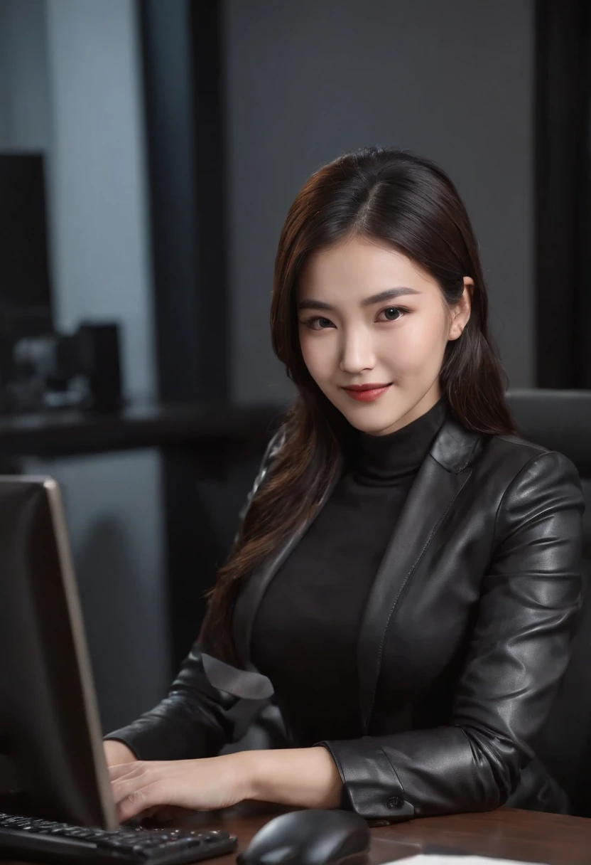 Wearing black leather gloves in both hands, upper body, black business suit, facing the desk in my room with a computer in the dark, while looking at the screen with a smile, operate the computer with the fingertips of black leather gloves, black hair bundled in the back for a long time, still young and very cute Japanese female new employee (black leather gloves cover both hands)