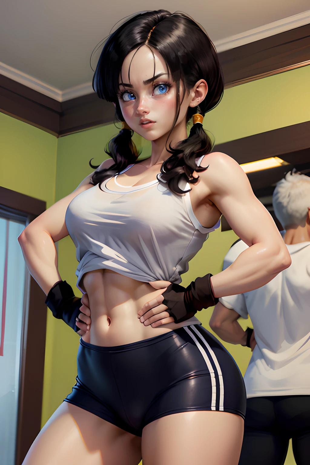 obra maestra, mejor calidad, highres, videl2, solo, ojos azules, cabello negro, twintails, pechos medianos, cowboy shot,entrenamiento, pose de pelea, videl waifu, mujer hermosa, ojos hermosos,ojos brillantes, ojos realistas, fondo gimnasio entrenamiento