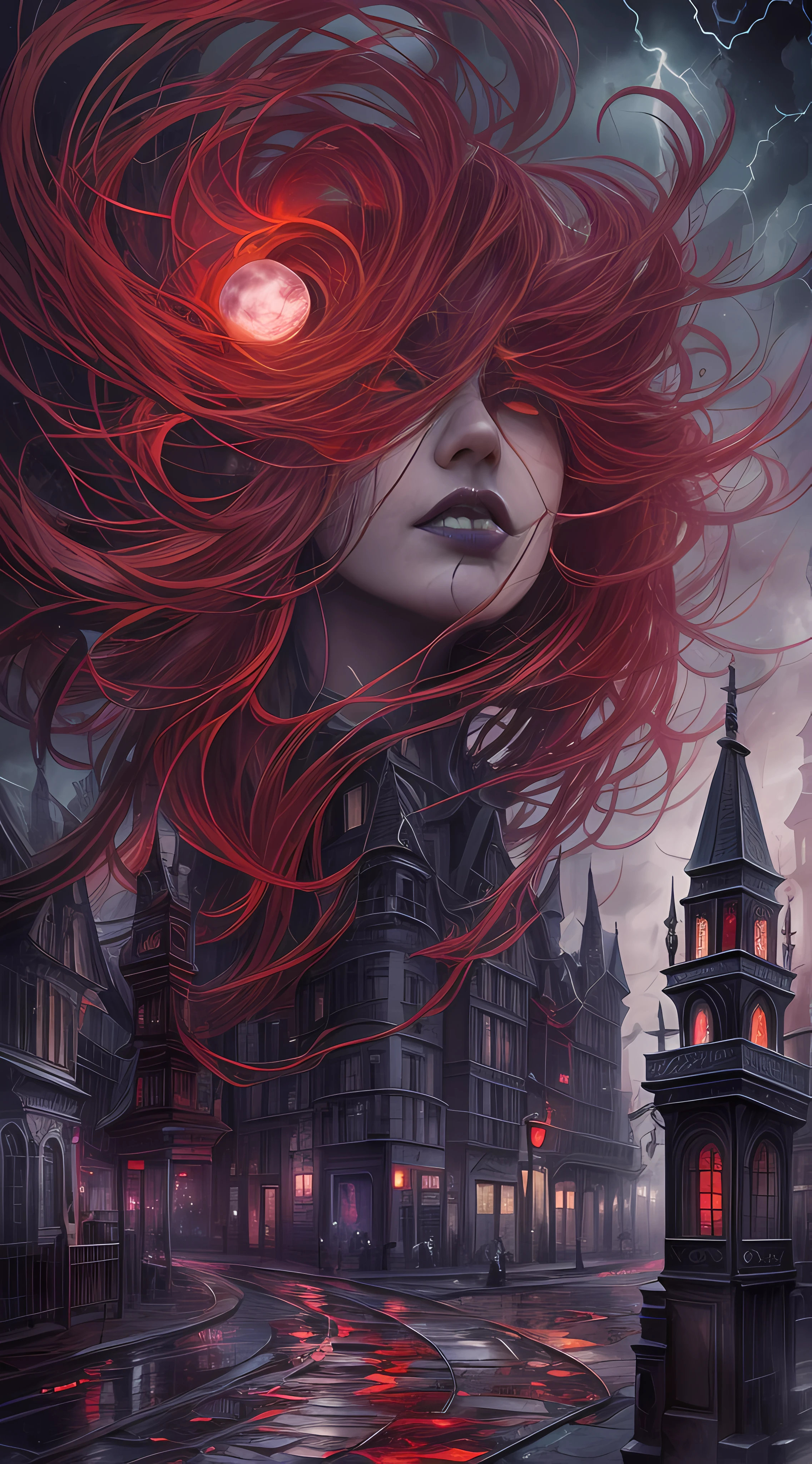 gothic fantasy, close-up portrait, gloomy city street, courage of destiny, wandering lights, wind, lightning, moonlight, ominous red moon, surreal, symmetrical, intricate details, high detail, alcohol ink, Mysterious