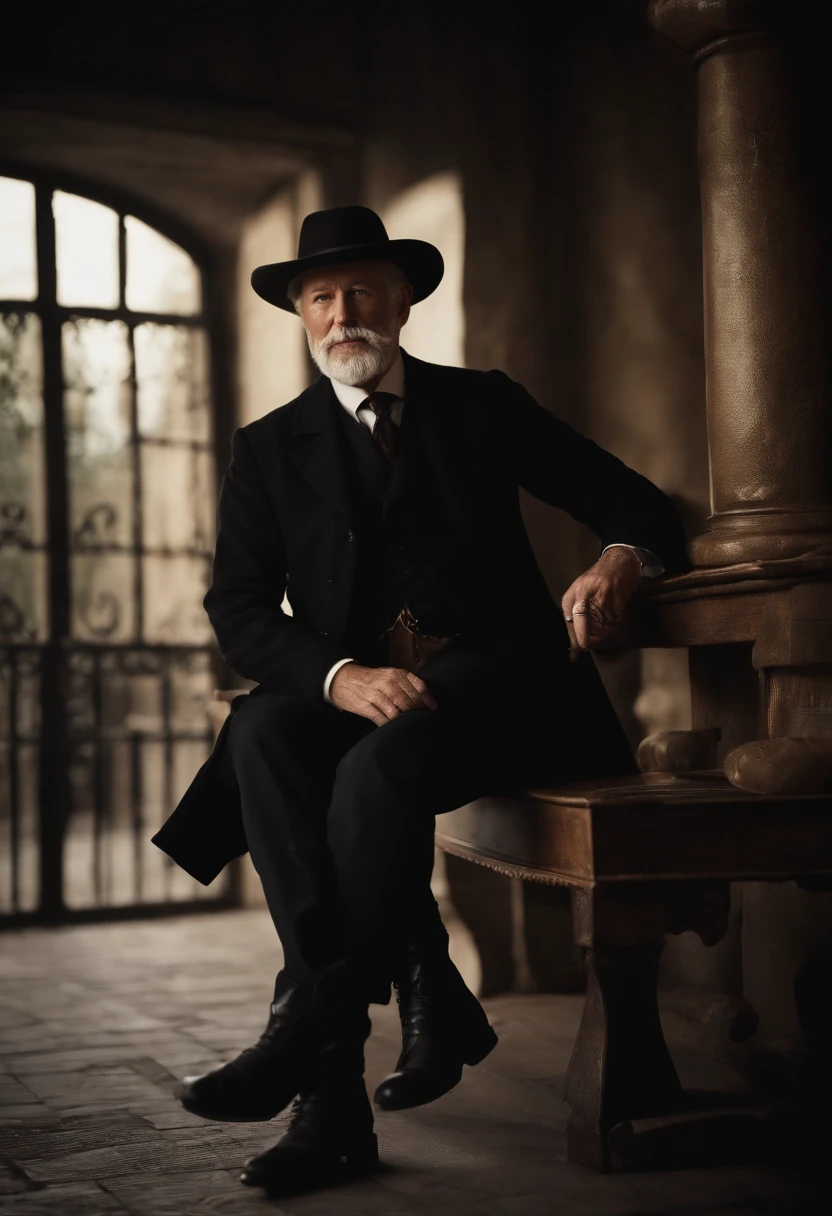 Old gentleman with a goatee,Touch the black riding boots with your hands, 8K分辨率,Wallpaper masterpiece,Best quality,Highly meticulous,Ultra high quality,The midday sun is a bit dazzling